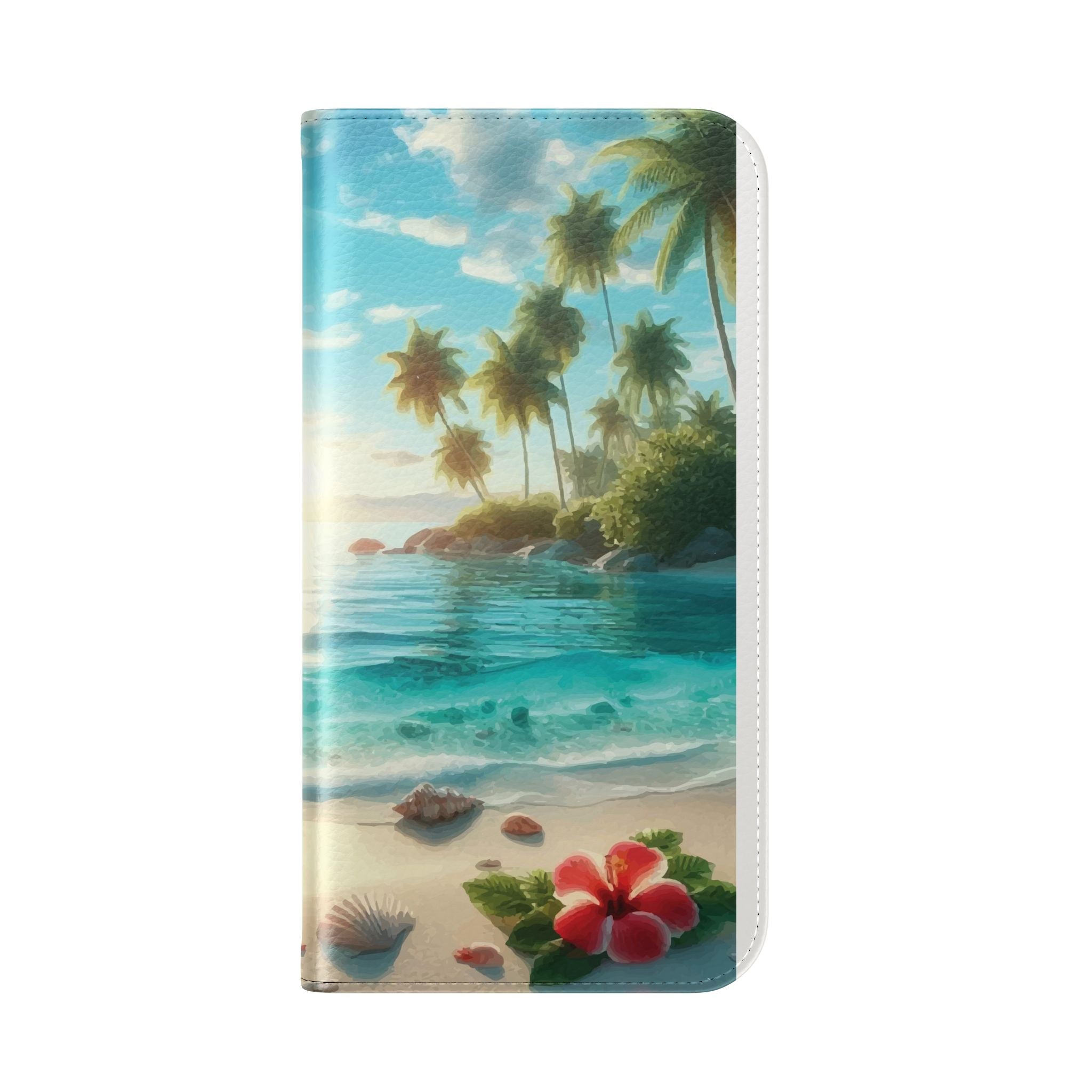 iPhone 17 Tropical Beach Flip Phone Case – Sunset Palm Wallet Cover with Seashell Design