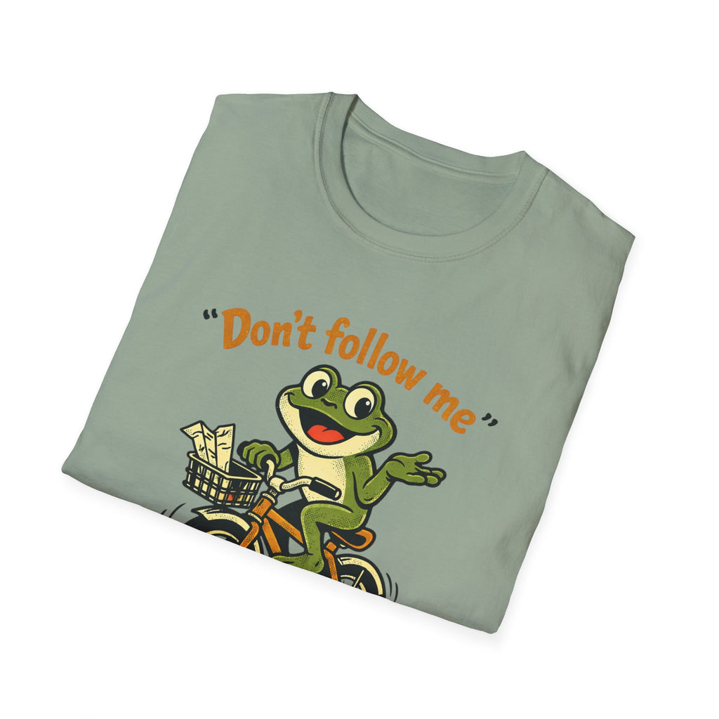 Frog on Bike T-Shirt — “Don't follow me, I have no idea where I'm going” Graphic Tee