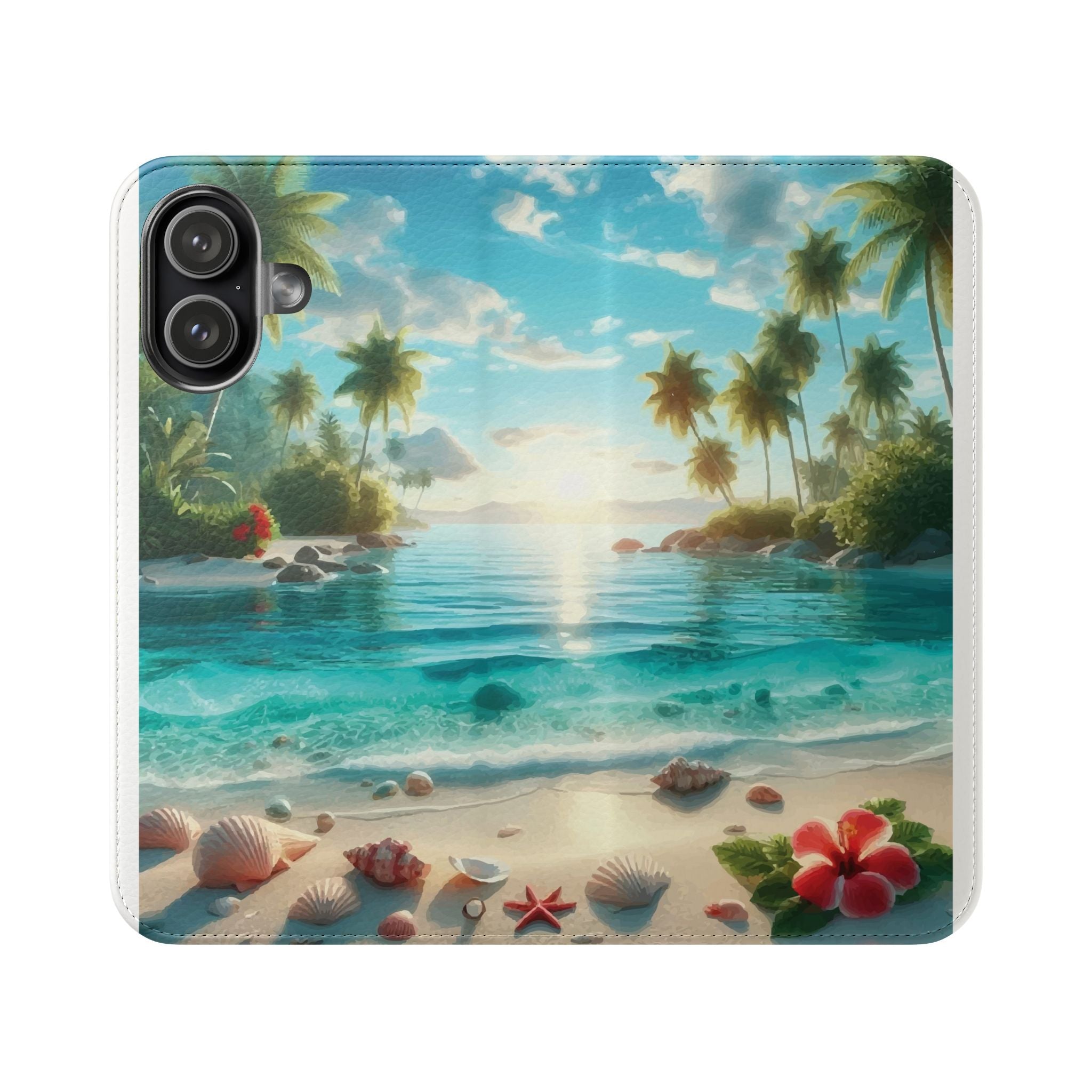 iPhone 17 Tropical Beach Flip Phone Case – Sunset Palm Wallet Cover with Seashell Design