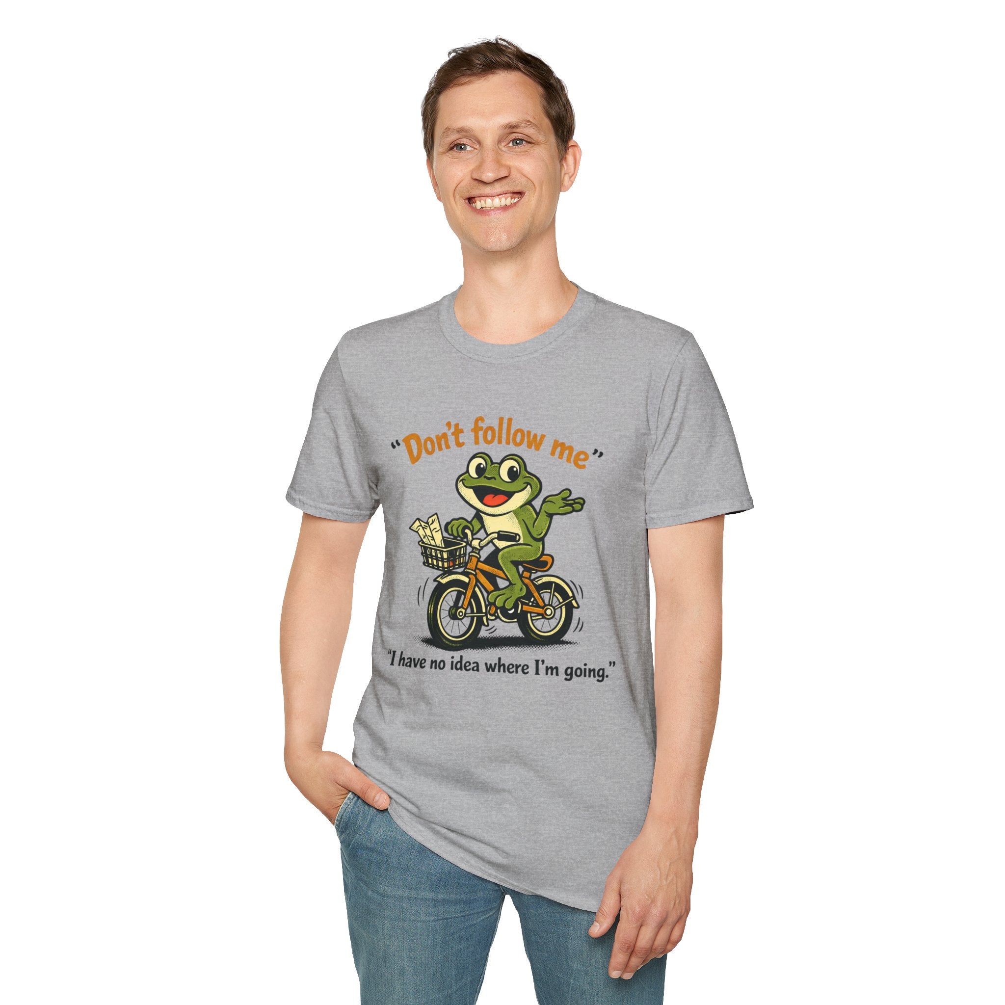 Frog on Bike T-Shirt — “Don't follow me, I have no idea where I'm going” Graphic Tee