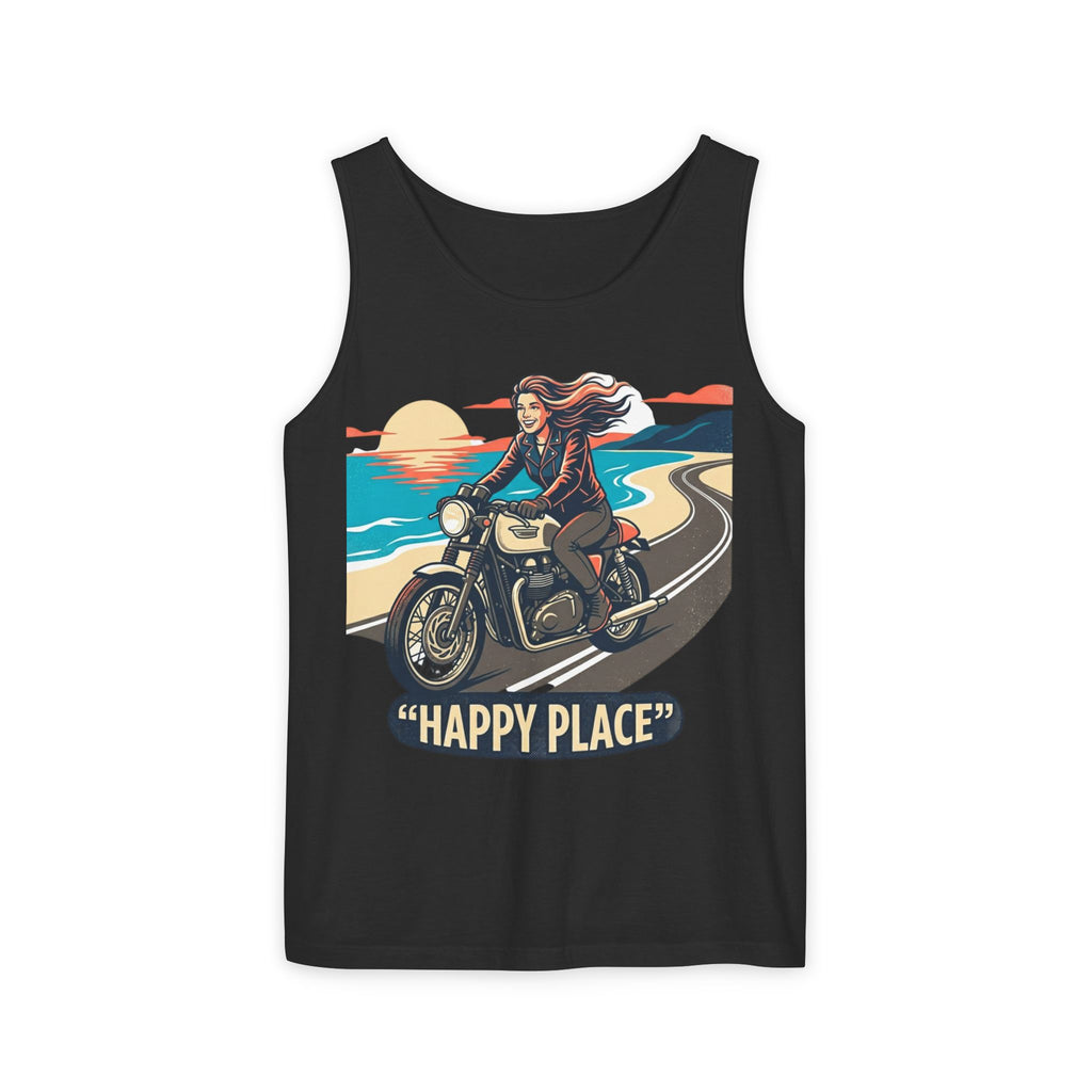 Motorcycle Tank Top — "Happy Place" Beach Ride Graphic Tank