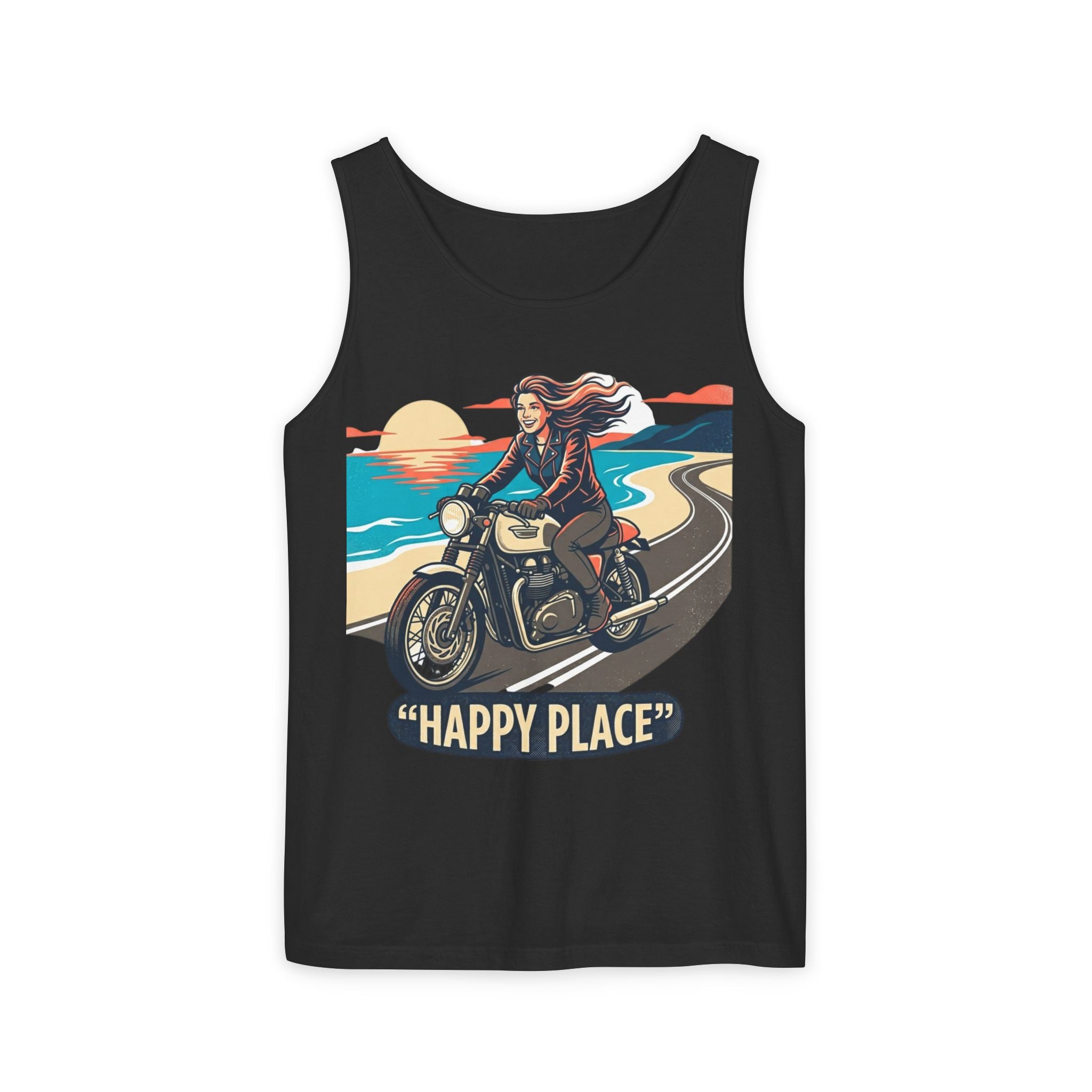 Motorcycle Tank Top — "Happy Place" Beach Ride Graphic Tank