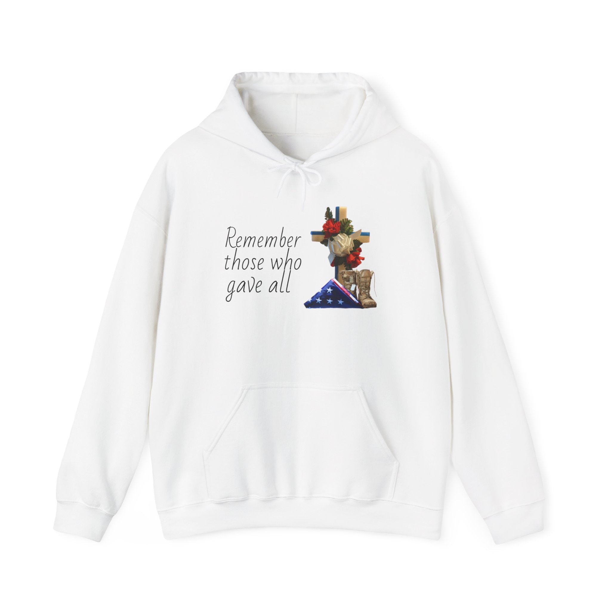 Patriotic Fallen Soldier Hoodie — Folded Flag, Combat Boots & Cross with Red Roses