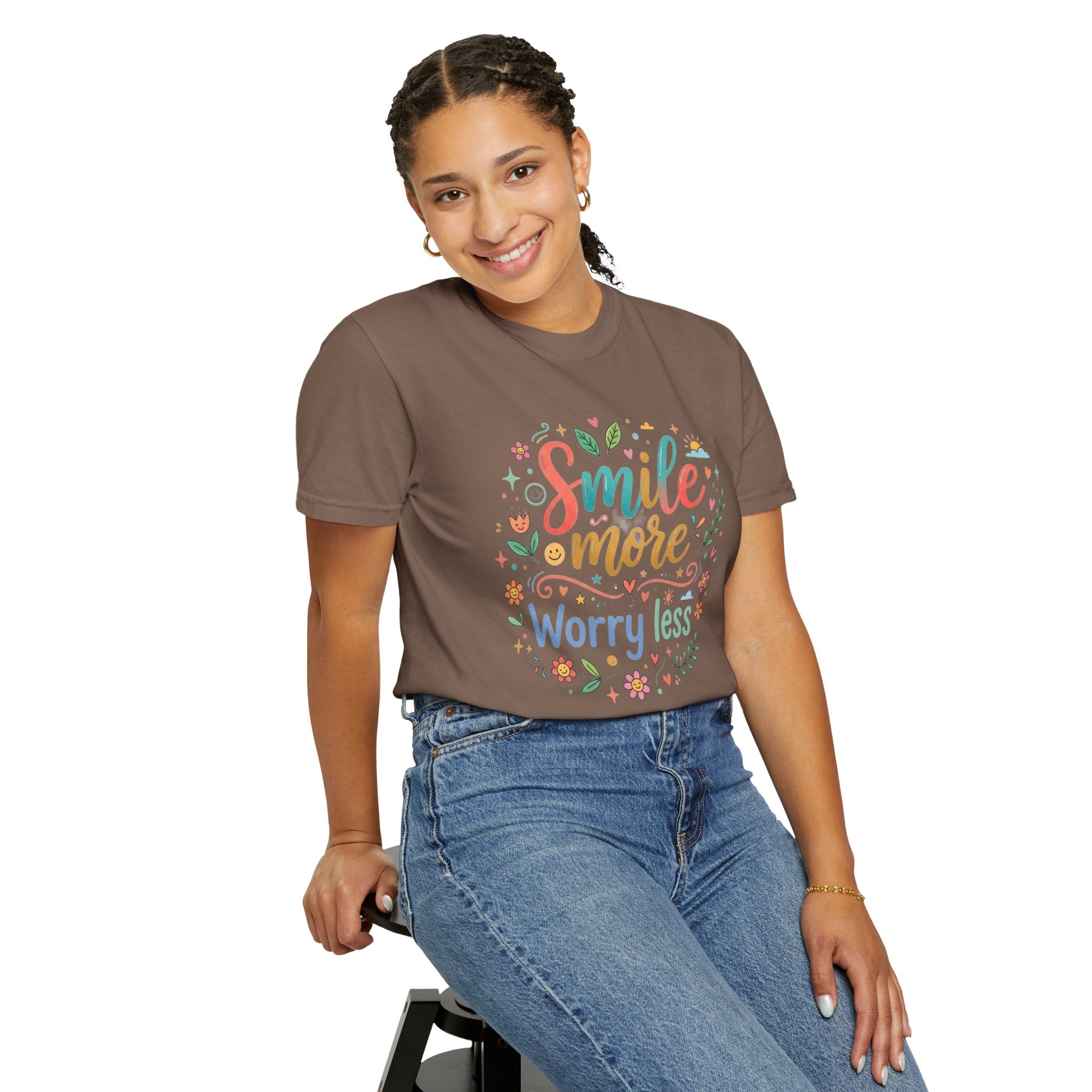 Smile More Worry Less T-Shirt — Floral Positive Message Tee