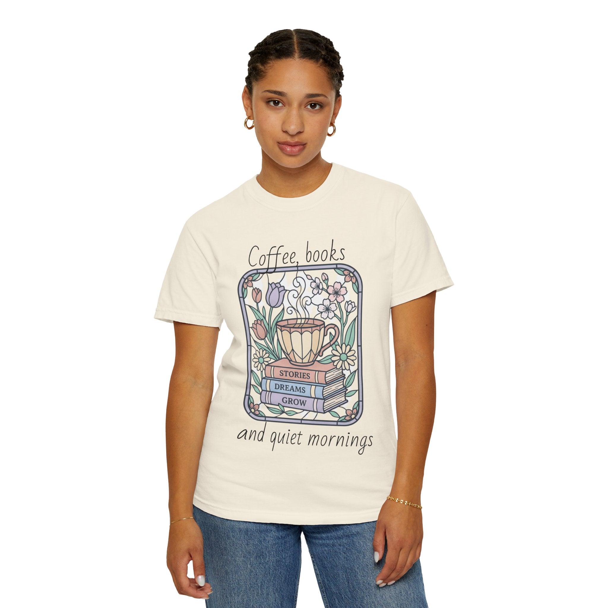 Coffee & Books Morning T-Shirt — Pastel Quiet Mornings Tee