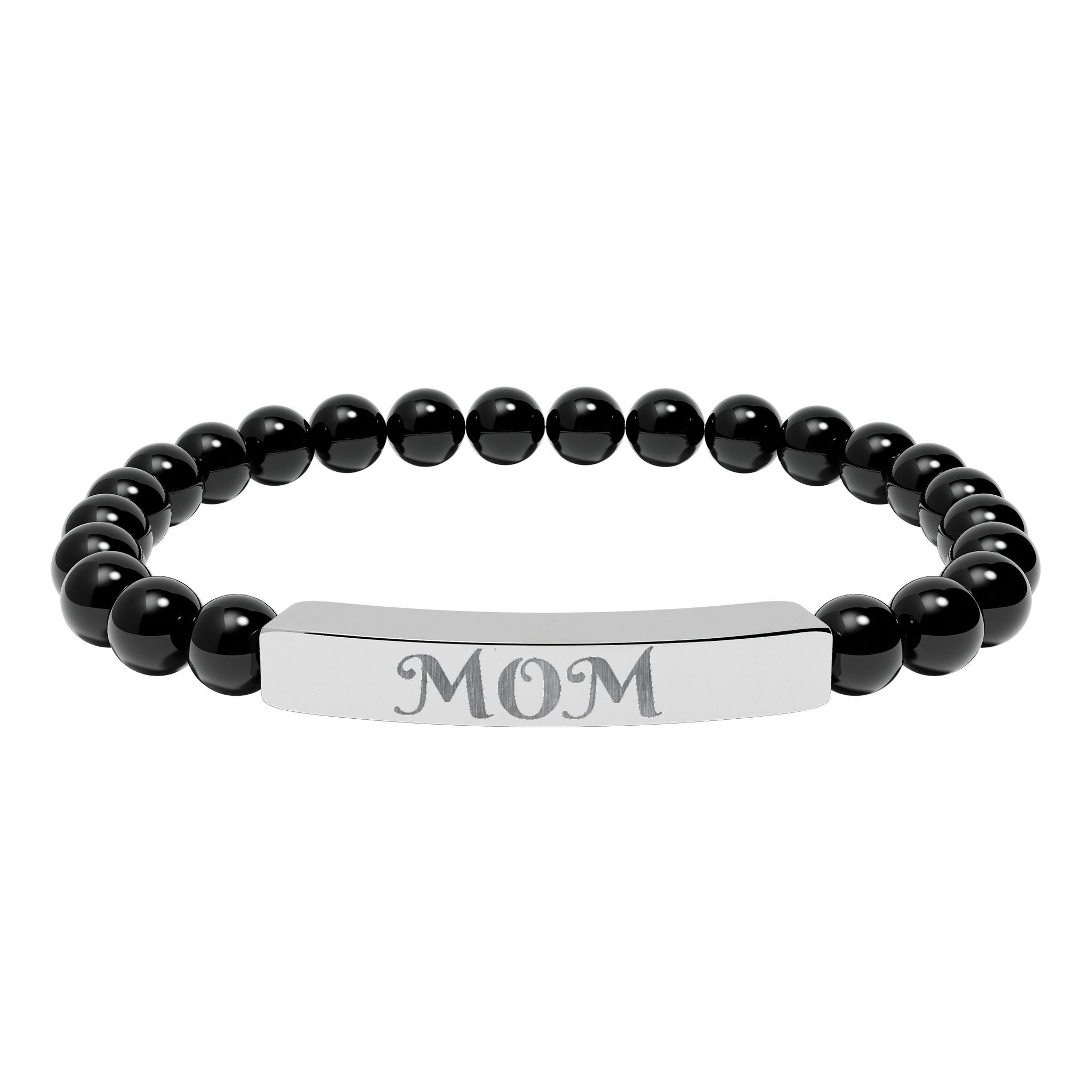 Engraved 'MOM' Natural Stone Stretch Bracelet — Personalized Bar Bead Bracelet