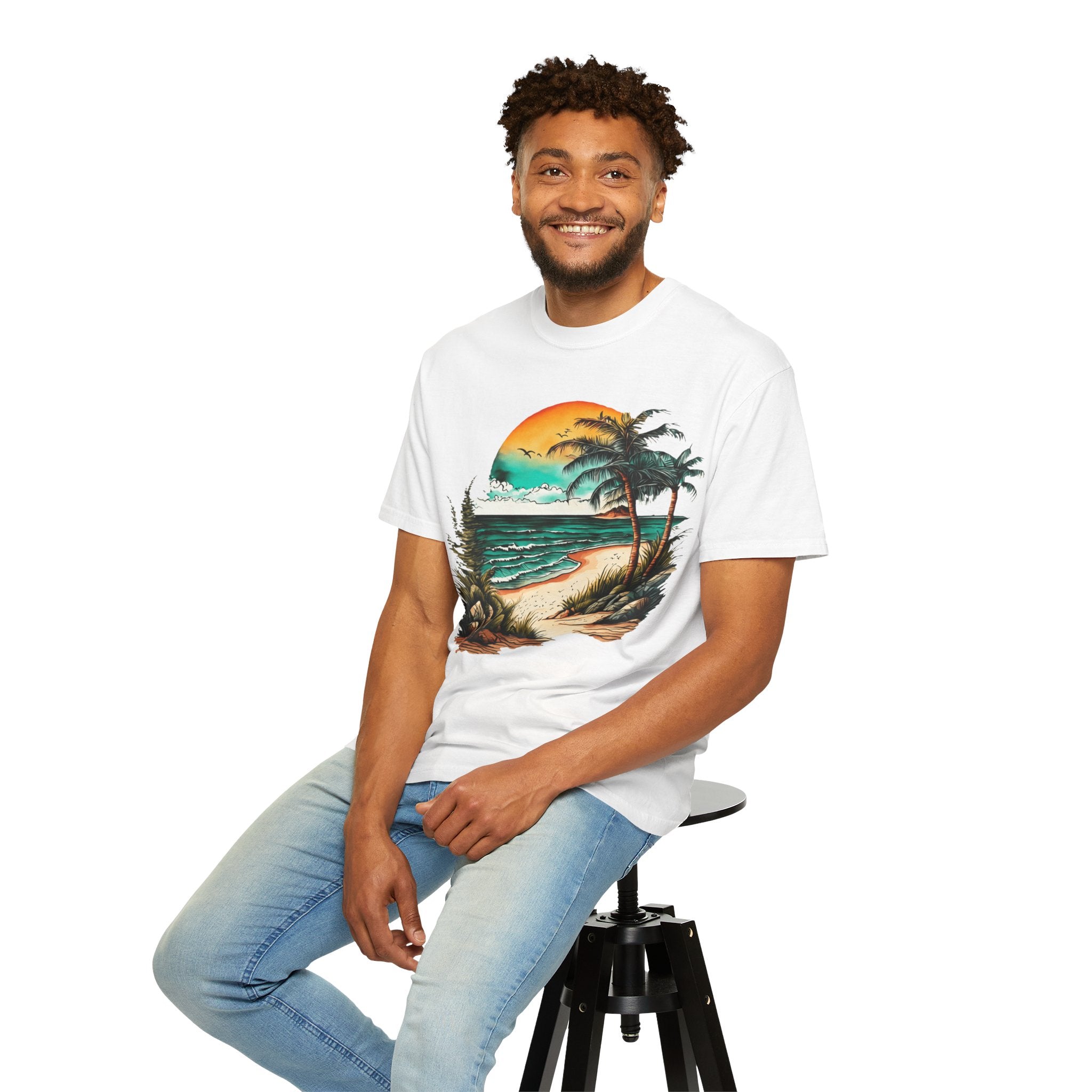Beach Sunset T-Shirt — Vintage Tropical Palm Surf Graphic