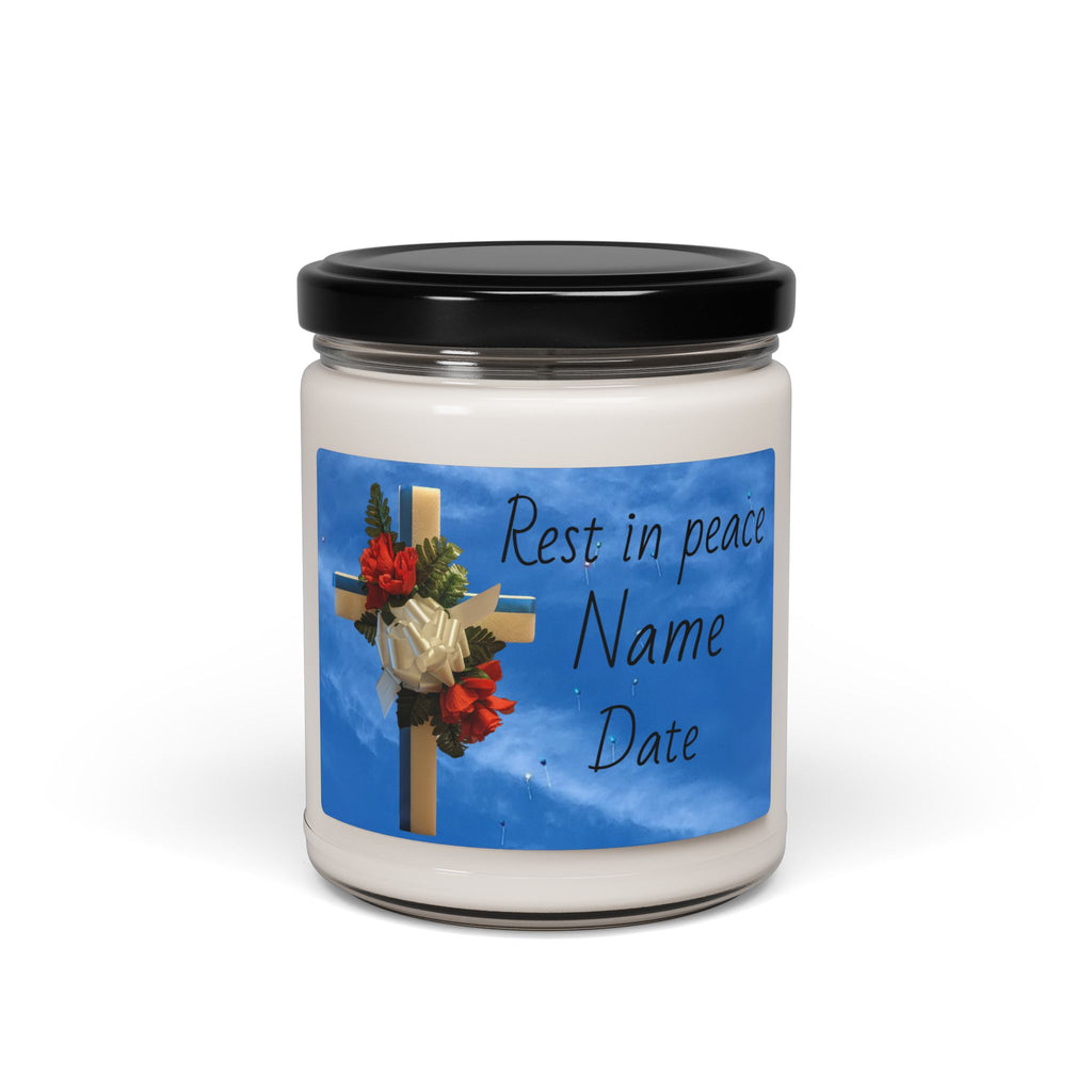 Memorial Soy Candle — Cross with Roses "Rest in Peace" (Personalize Name & Date)