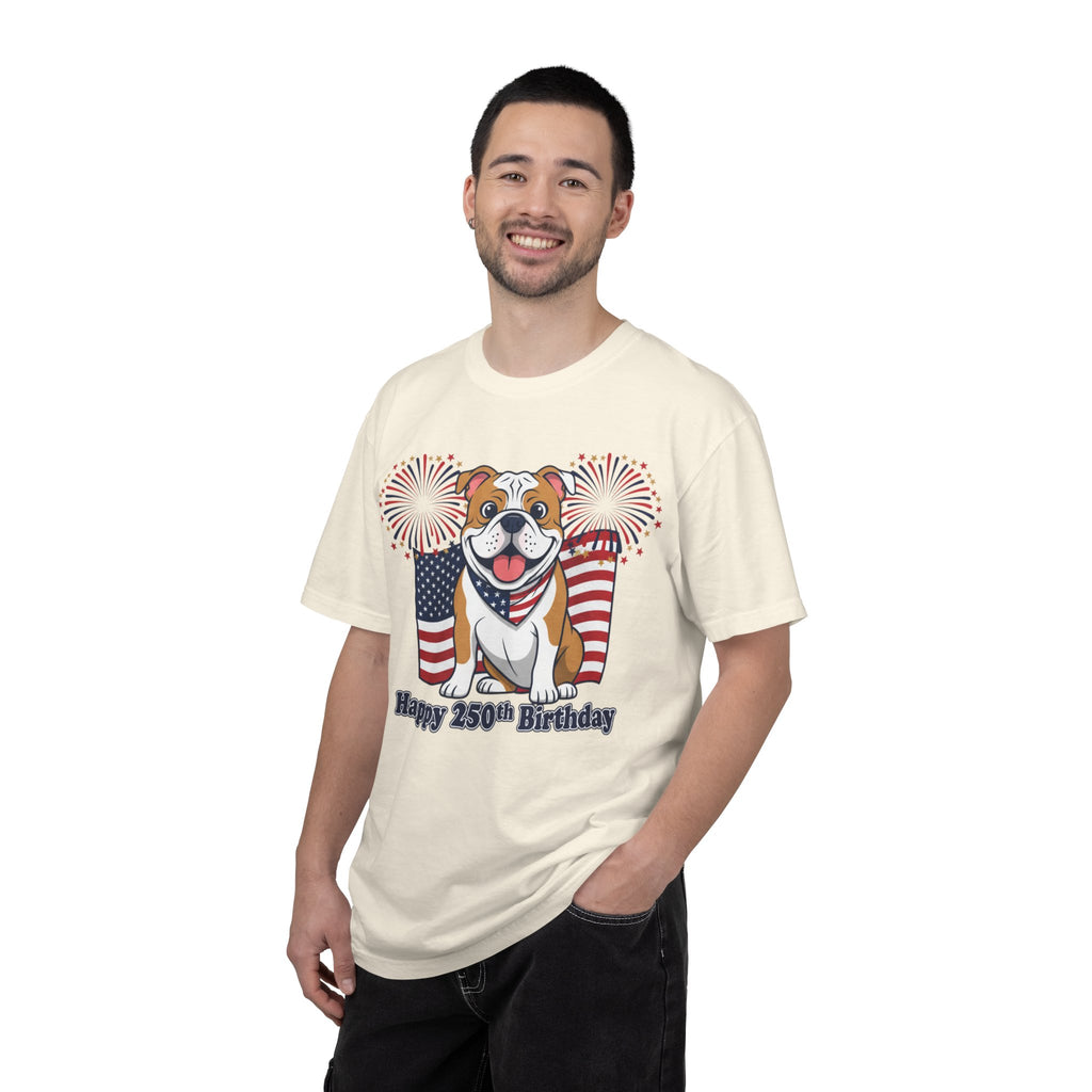 Patriotic Bulldog T-Shirt — “Happy 250th Birthday” American Flag Fireworks Tee