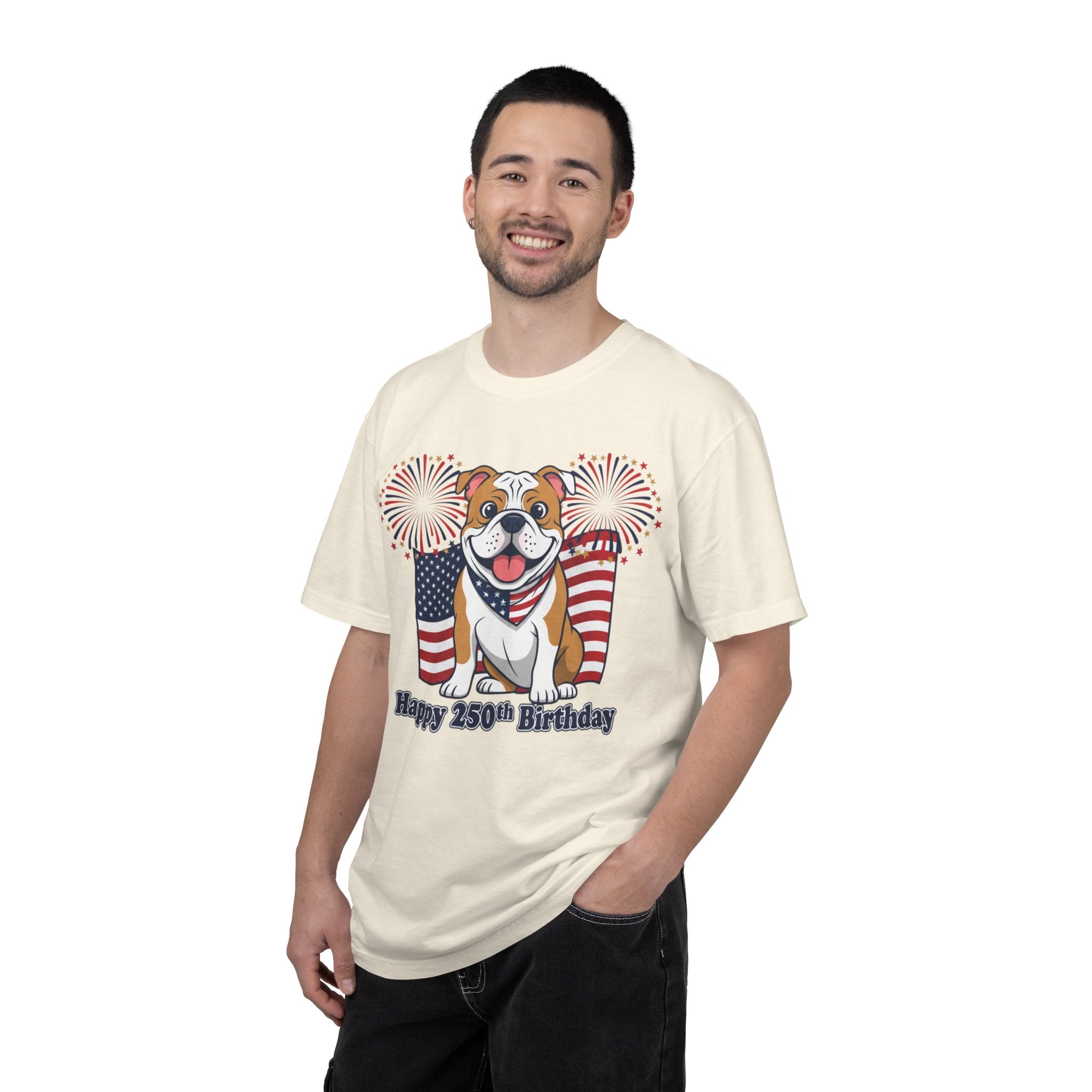 Patriotic Bulldog T-Shirt — “Happy 250th Birthday” American Flag Fireworks Tee