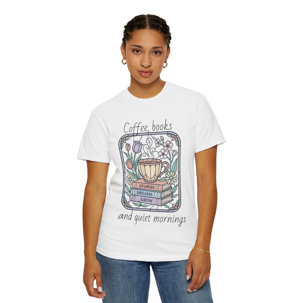 Coffee & Books Morning T-Shirt — Pastel Quiet Mornings Tee