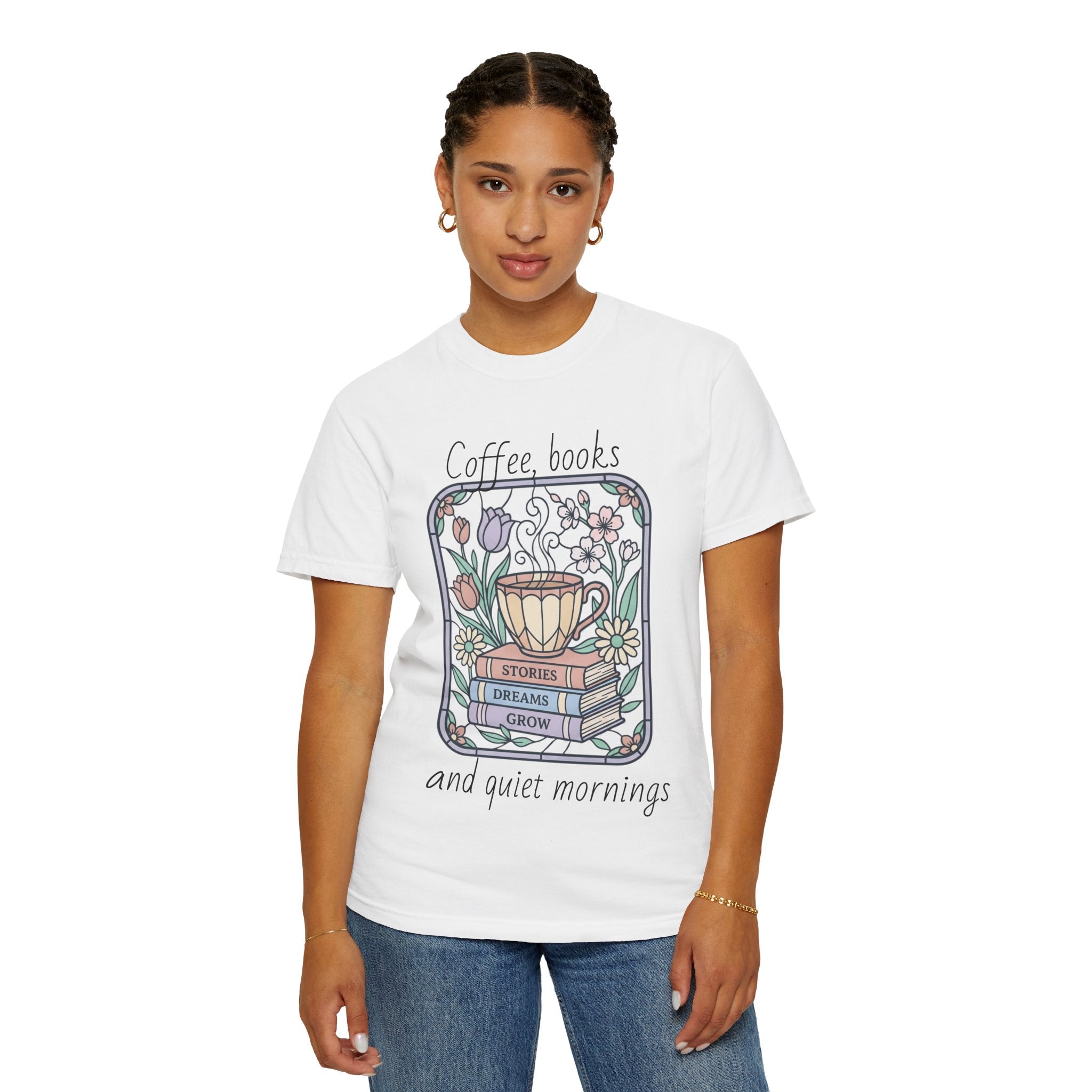 Coffee & Books Morning T-Shirt — Pastel Quiet Mornings Tee