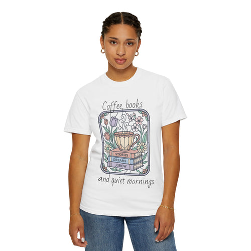 Coffee & Books Morning T-Shirt — Pastel Quiet Mornings Tee
