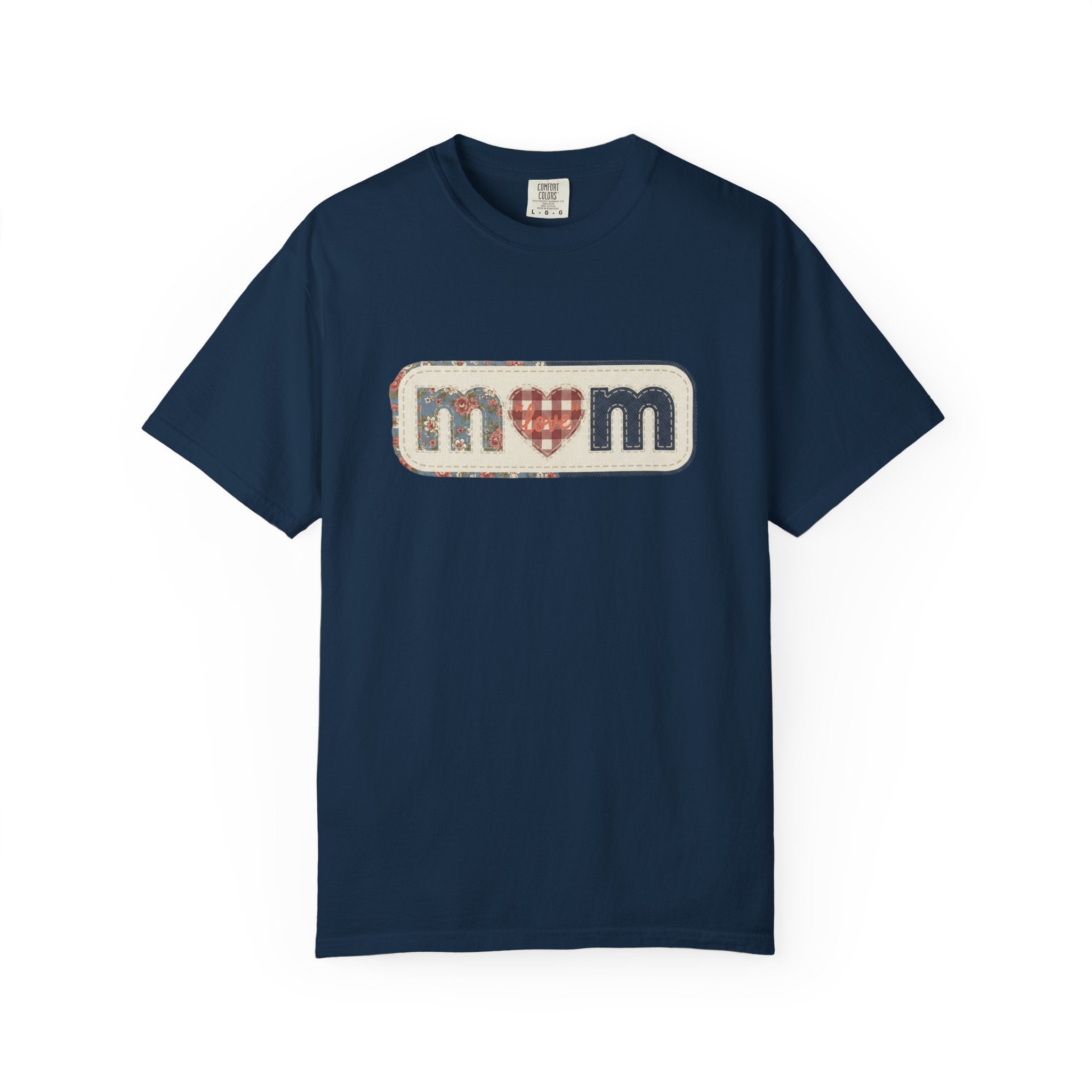 Mom  Faux Patch T-Shirt —Faux Plaid Heart Vintage Mom Tee