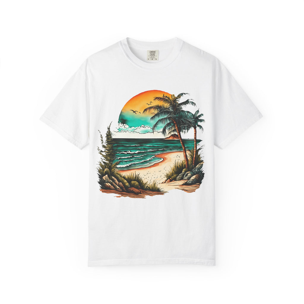 Beach Sunset T-Shirt — Vintage Tropical Palm Surf Graphic