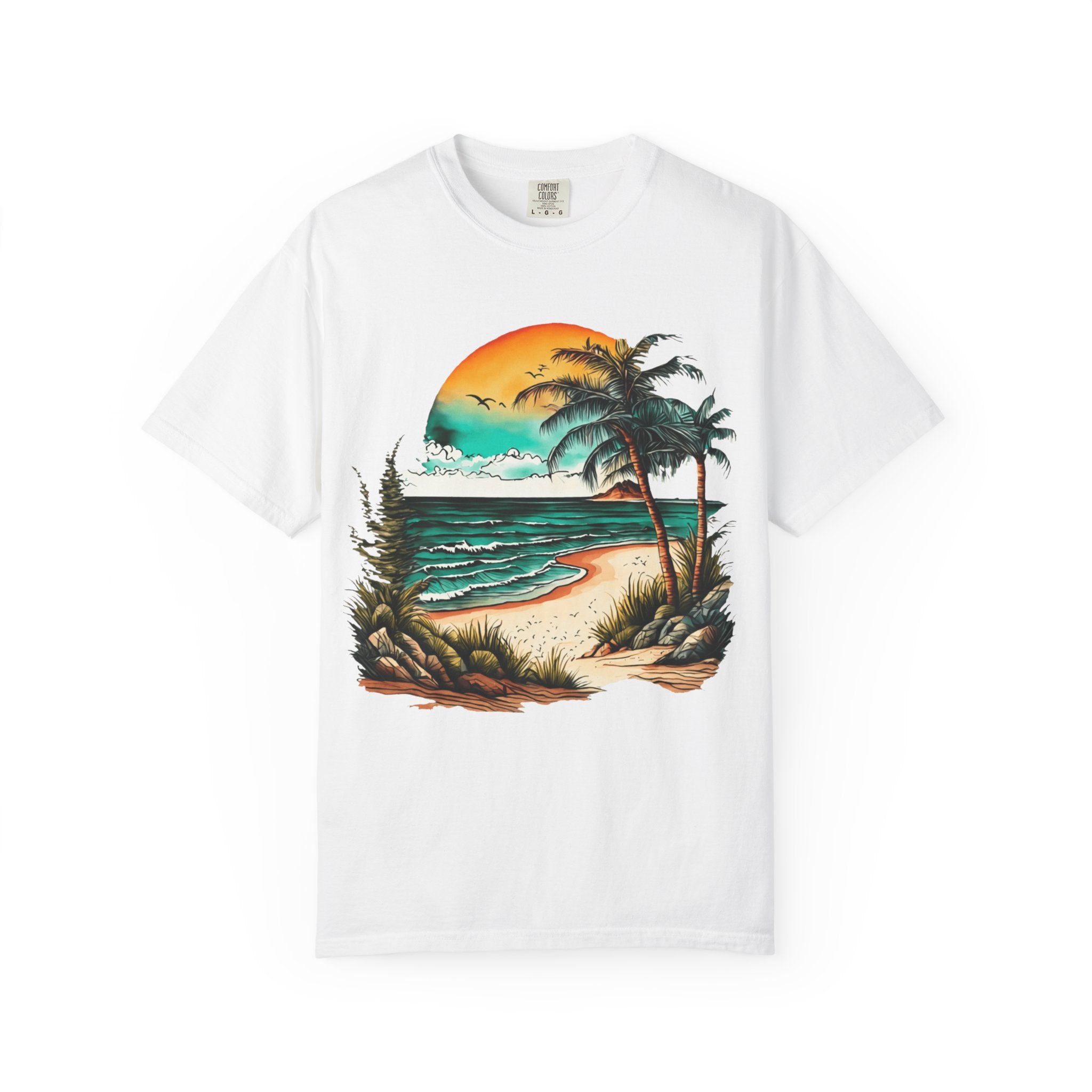 Beach Sunset T-Shirt — Vintage Tropical Palm Surf Graphic