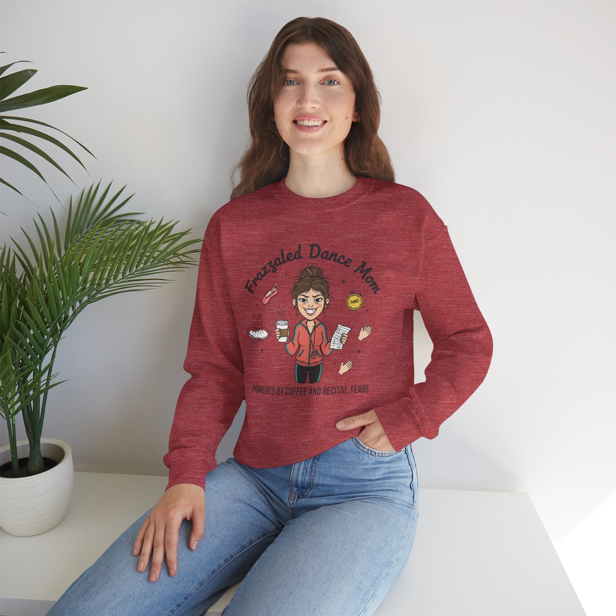 Frazzled Dance Mom Crewneck Sweatshirt – "Powered by Coffee and Recital Tears"