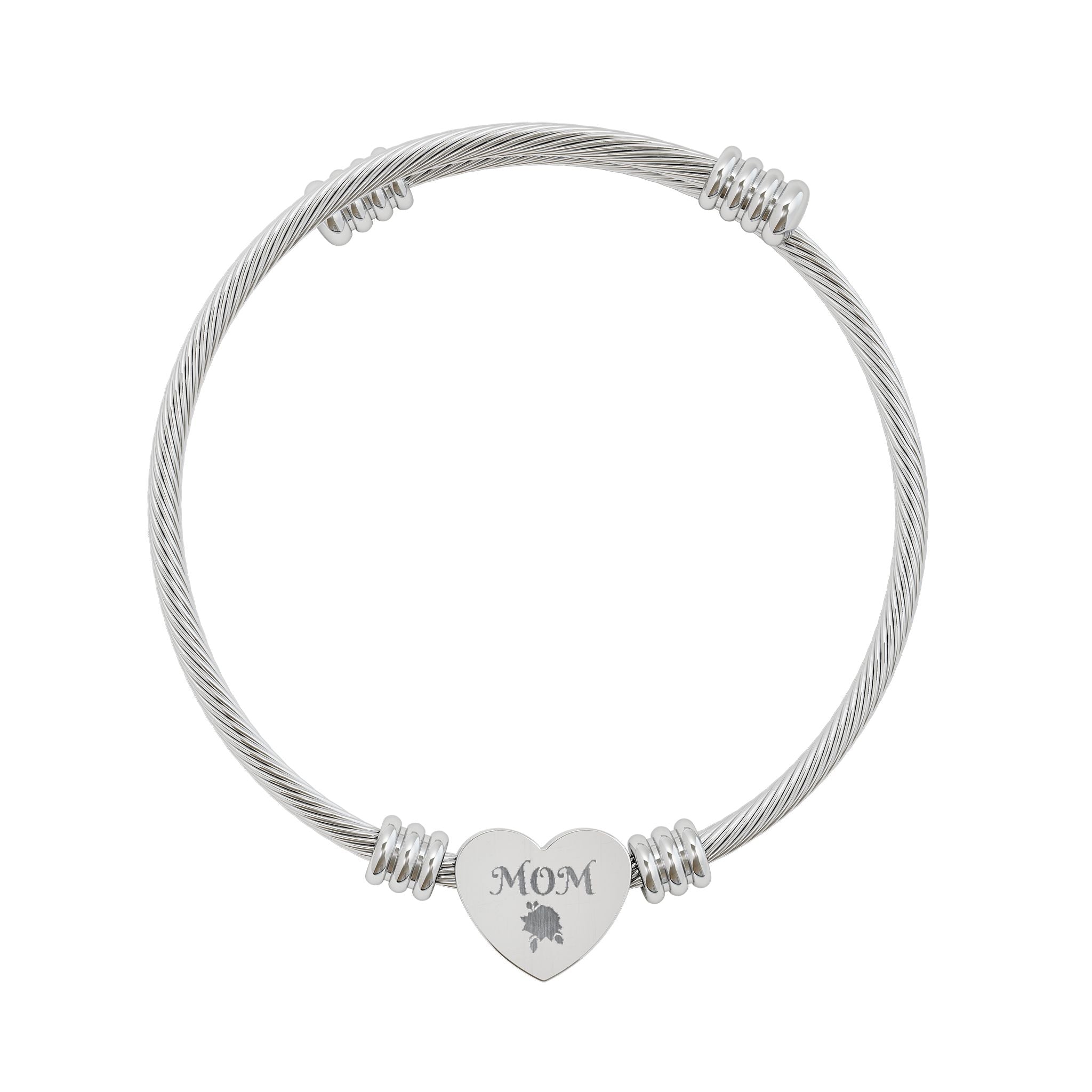 Engraved Heart Cuff Bracelet - MOM Silver Wire Bangle