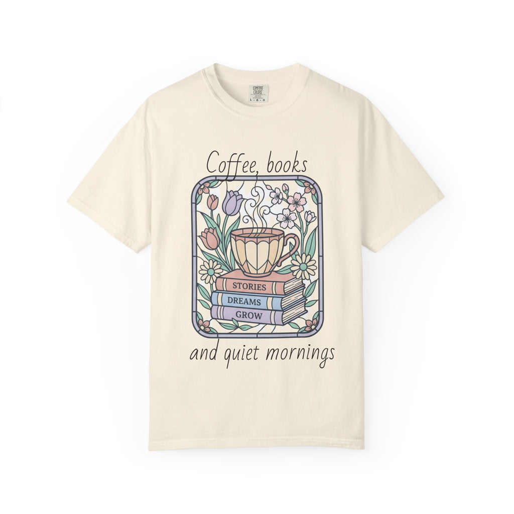 Coffee & Books Morning T-Shirt — Pastel Quiet Mornings Tee