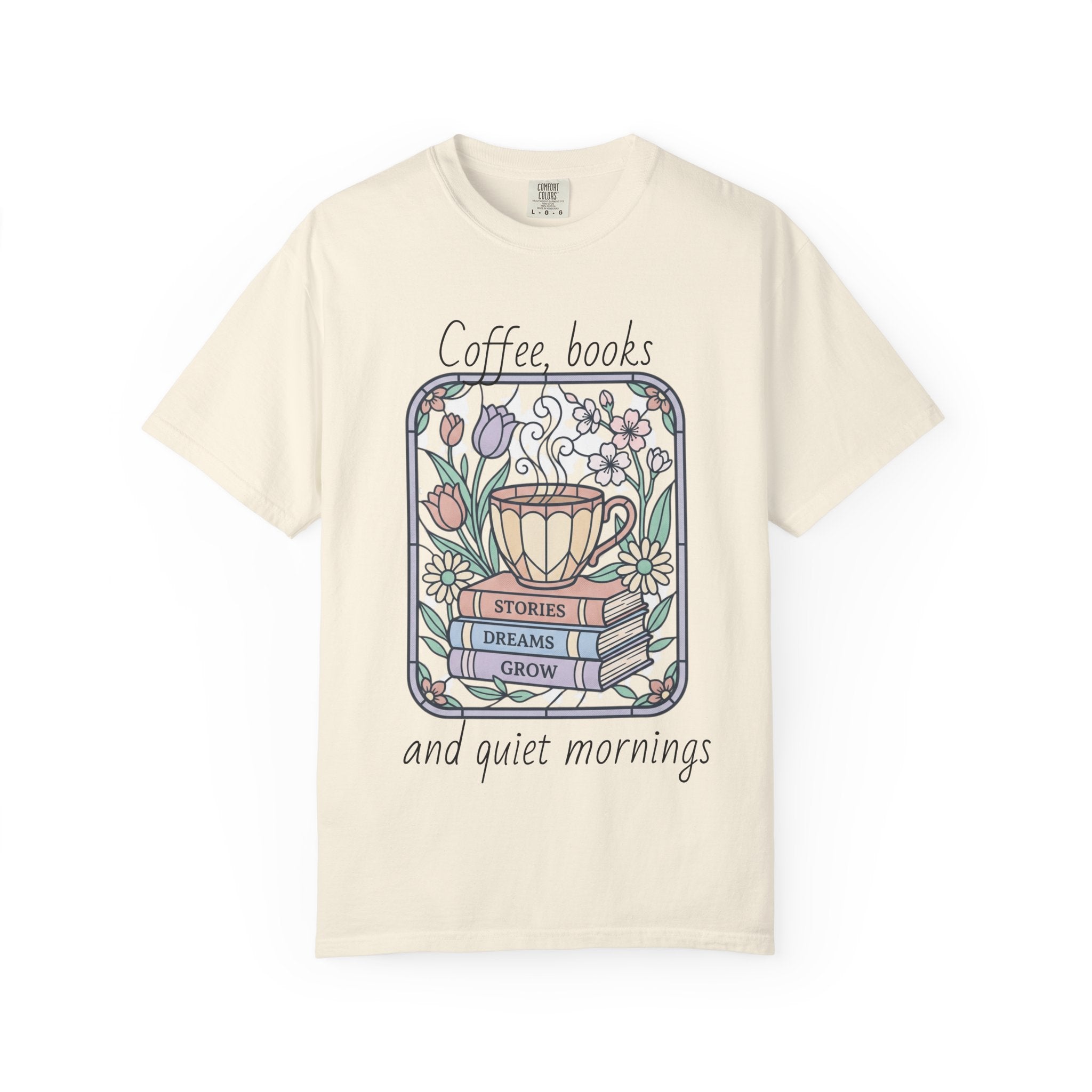 Coffee & Books Morning T-Shirt — Pastel Quiet Mornings Tee