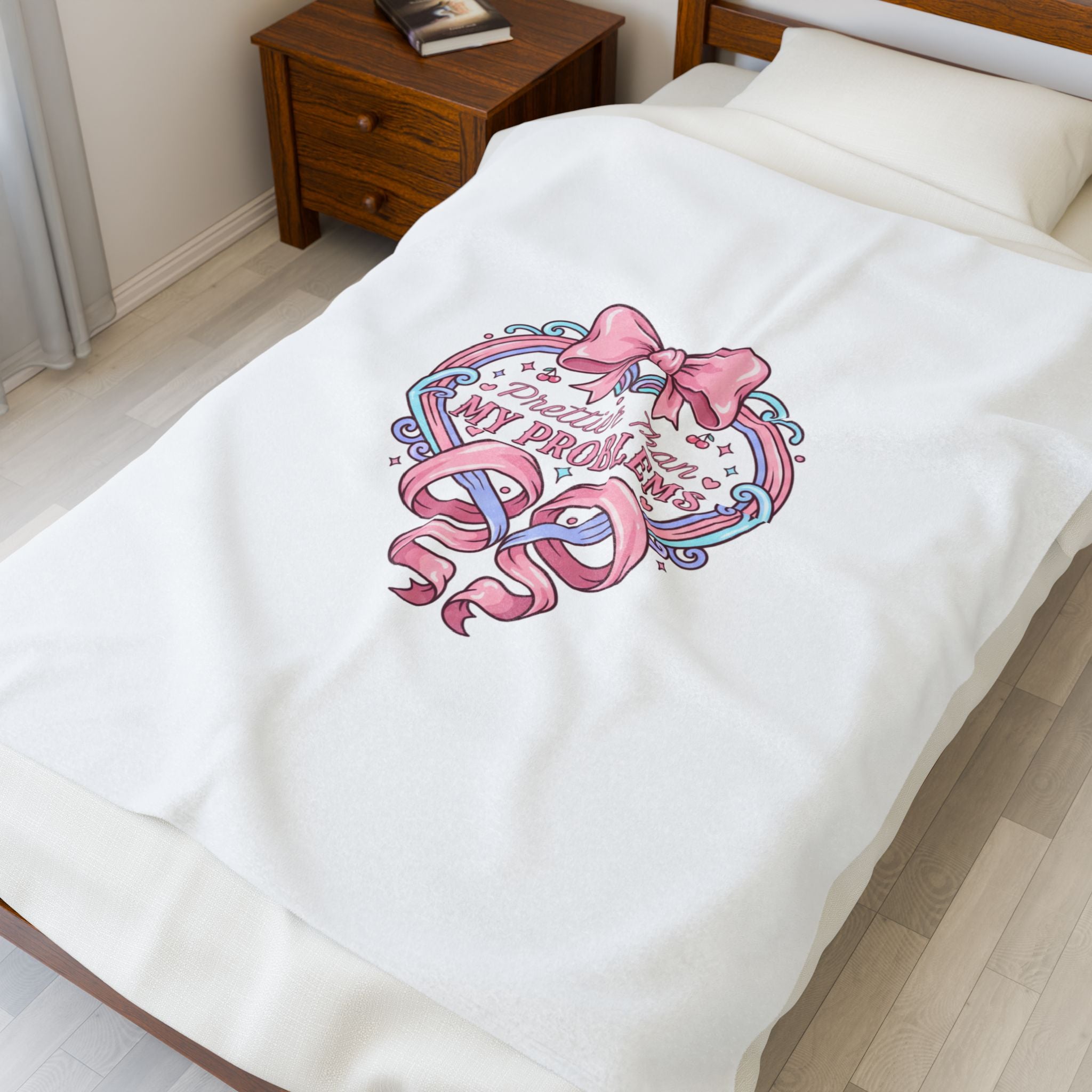 Prettier Than My Problems Velveteen Blanket | coquette ribbon art, pastel humor