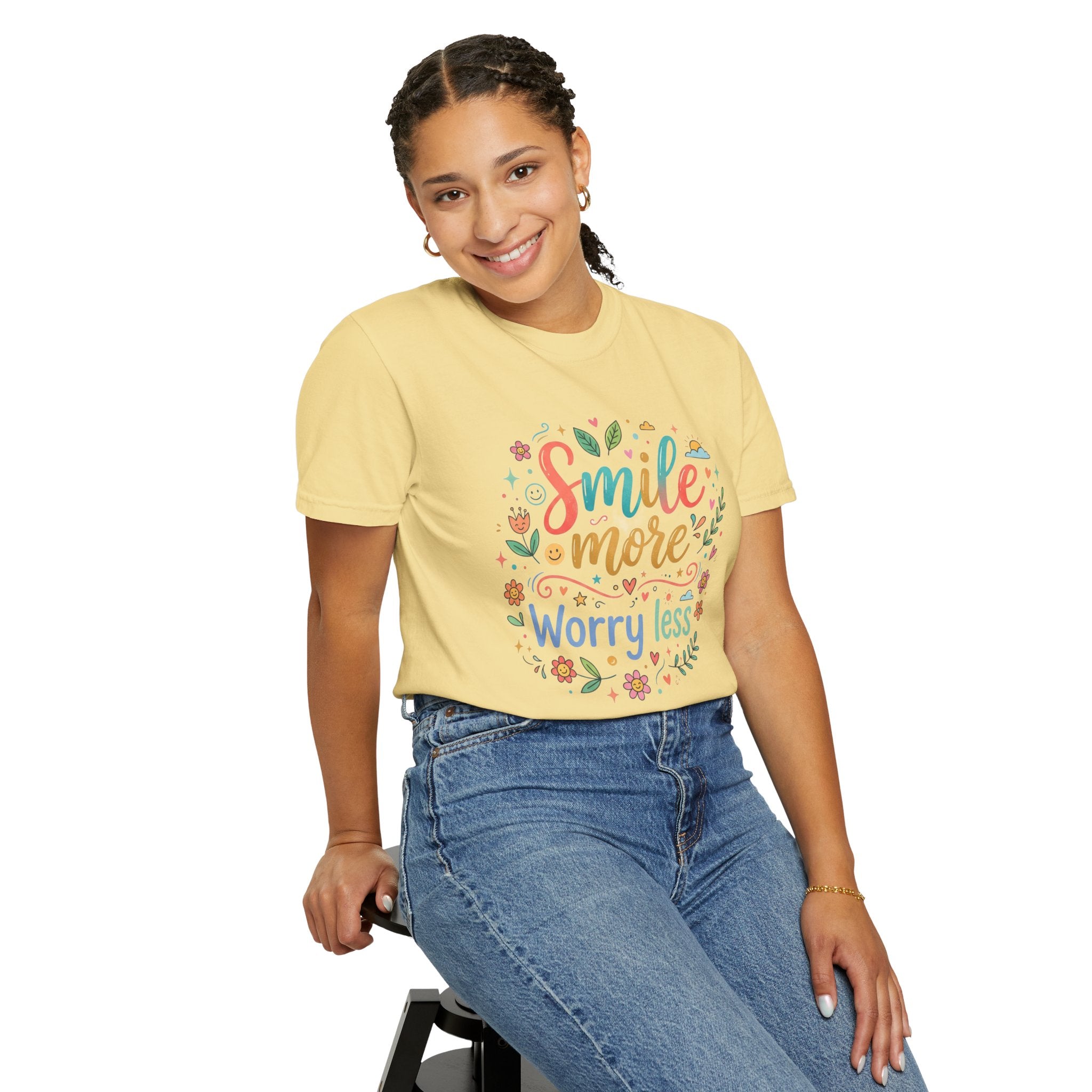 Smile More Worry Less T-Shirt — Floral Positive Message Tee