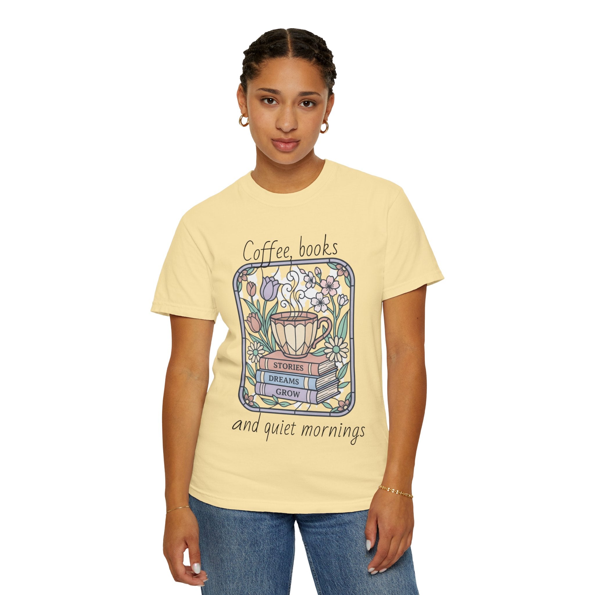 Coffee & Books Morning T-Shirt — Pastel Quiet Mornings Tee