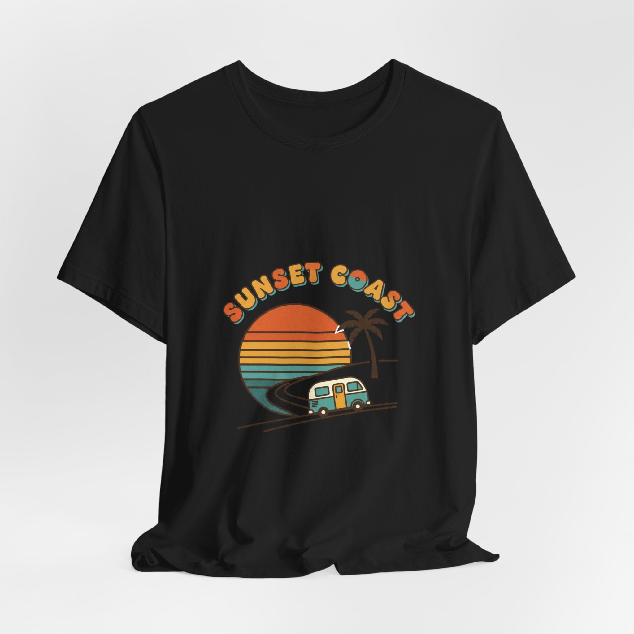 Sunset Coast Retro Surf Graphic Tee | 70s Sunset Shirt, Vintage Palm Postcard