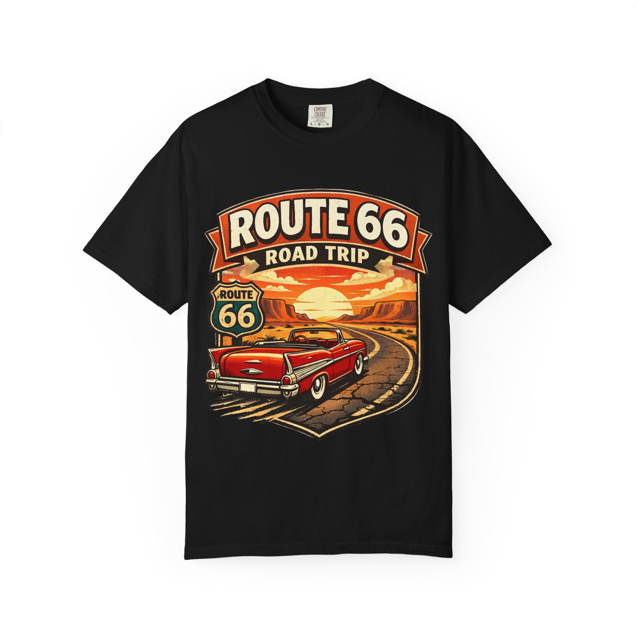 Route 66 Road Trip T-Shirt — Vintage Sunset Classic Car Tee