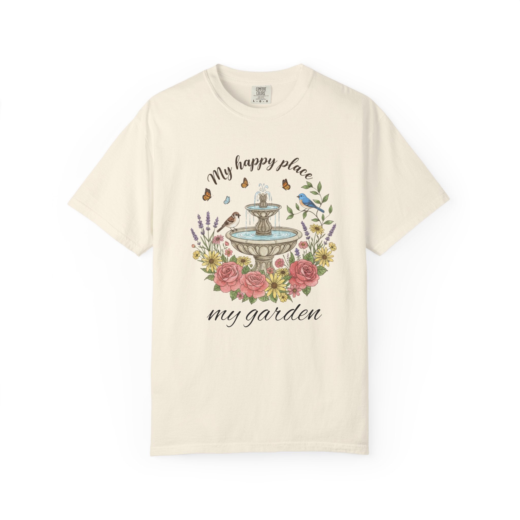 Garden T-Shirt — “My Happy Place My Garden” Floral Fountain Tee