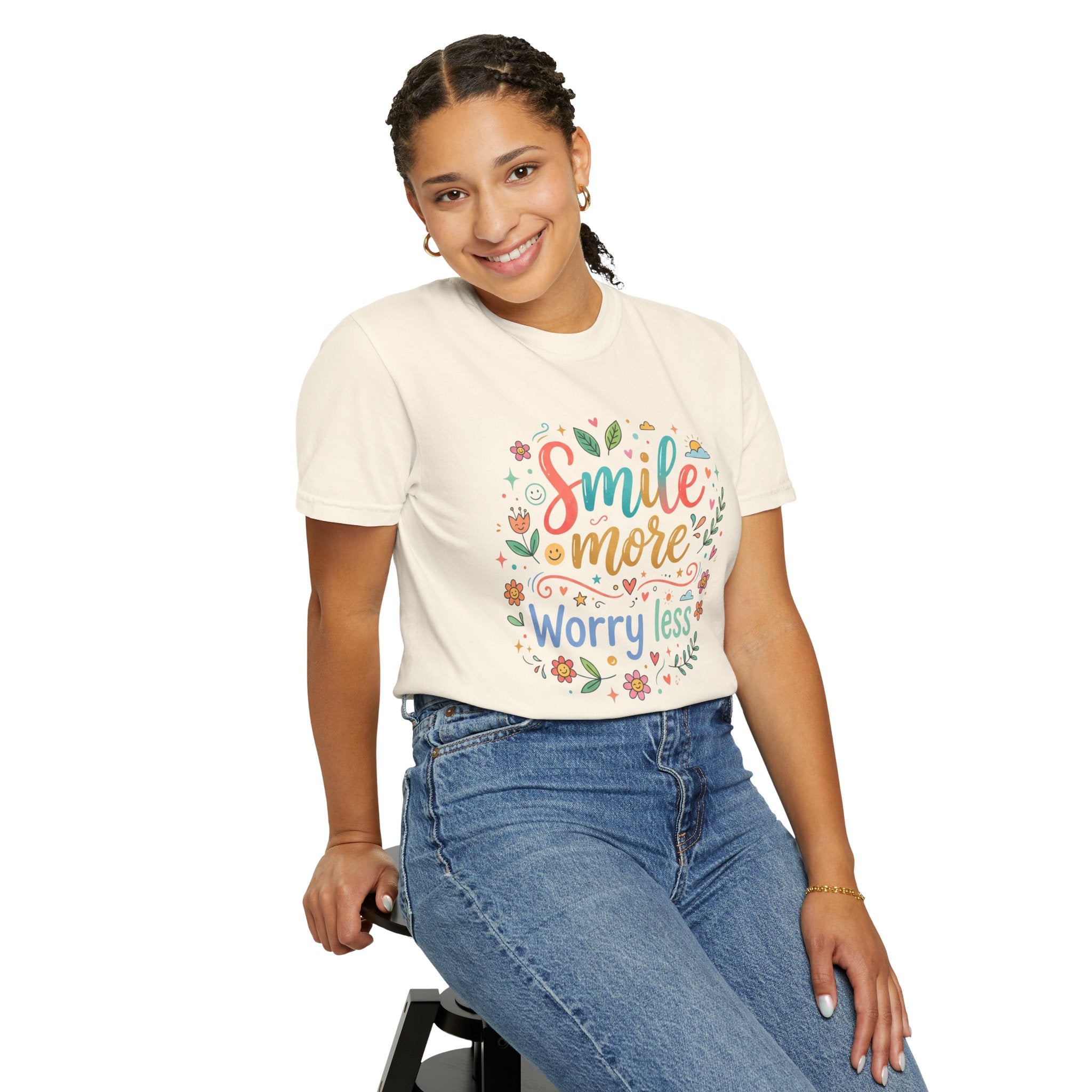 Smile More Worry Less T-Shirt — Floral Positive Message Tee