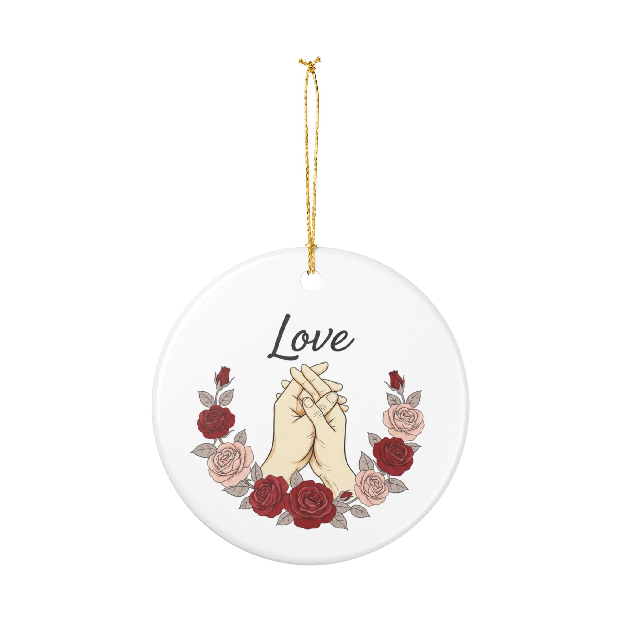 Loving Hands Roses Ceramic Ornament – 'Love' Script Decoration