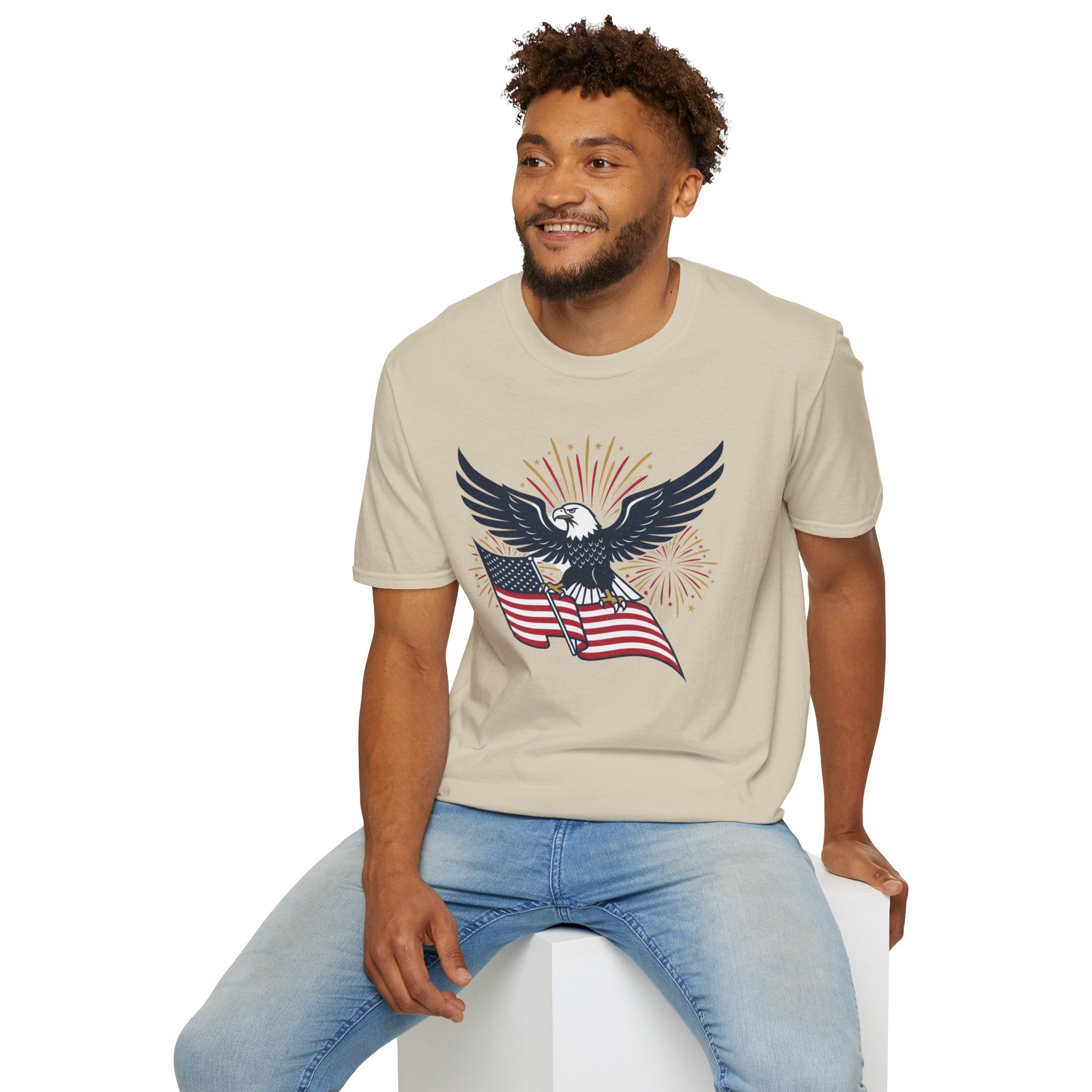 Patriotic Eagle T-Shirt — American Flag & Fireworks Graphic