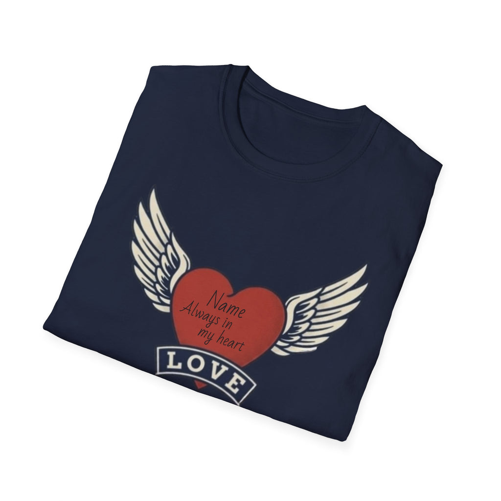 Memorial Heart Wings T-Shirt — Personalized 'Love, Remember' with Name & Date