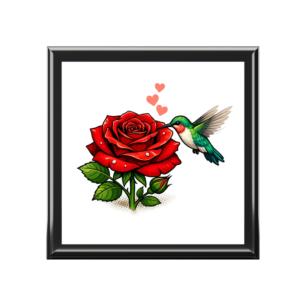 Hummingbird & Red Rose Jewelry Box — Floral Keepsake Box for Gifts