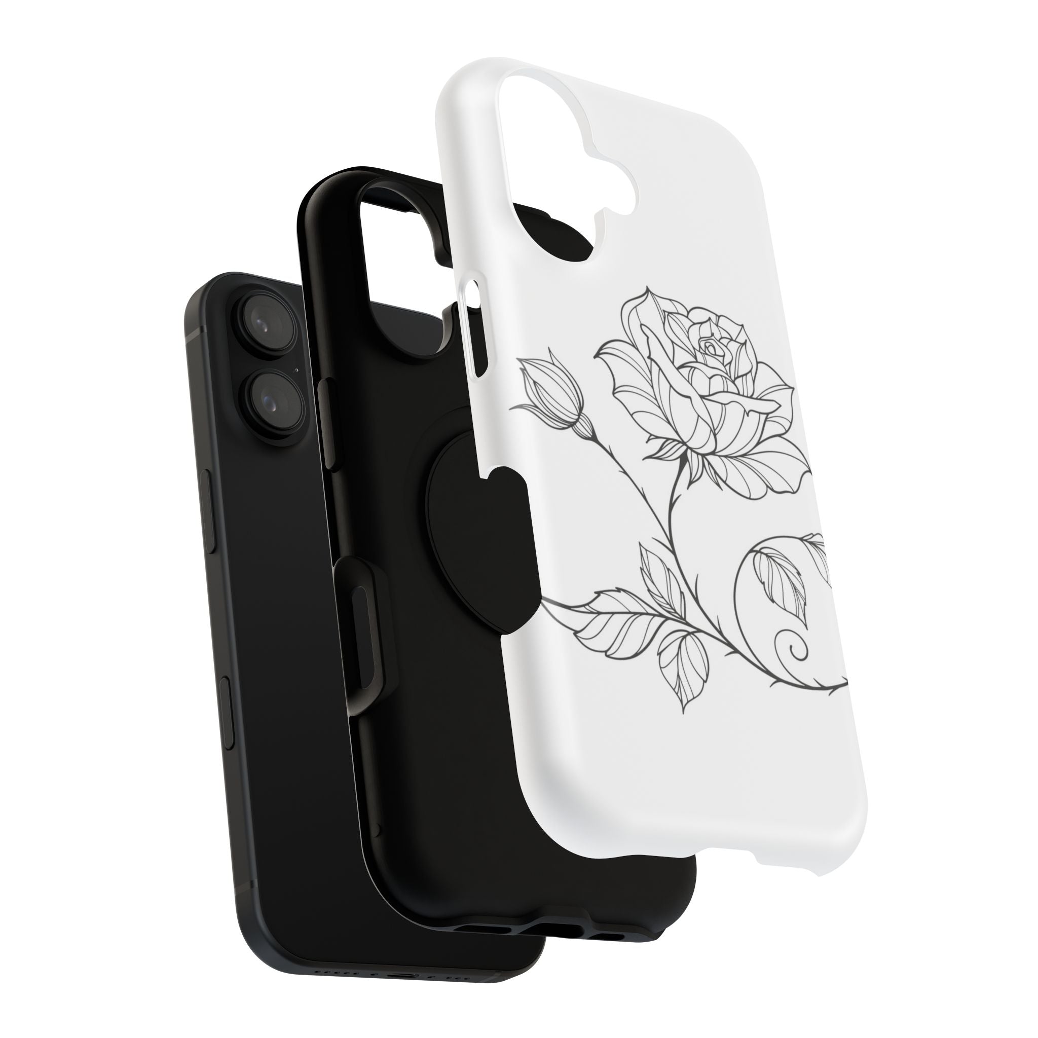 iPhone 17 Floral Outline Impact-Resistant Phone Case — Elegant Black Line Rose Design
