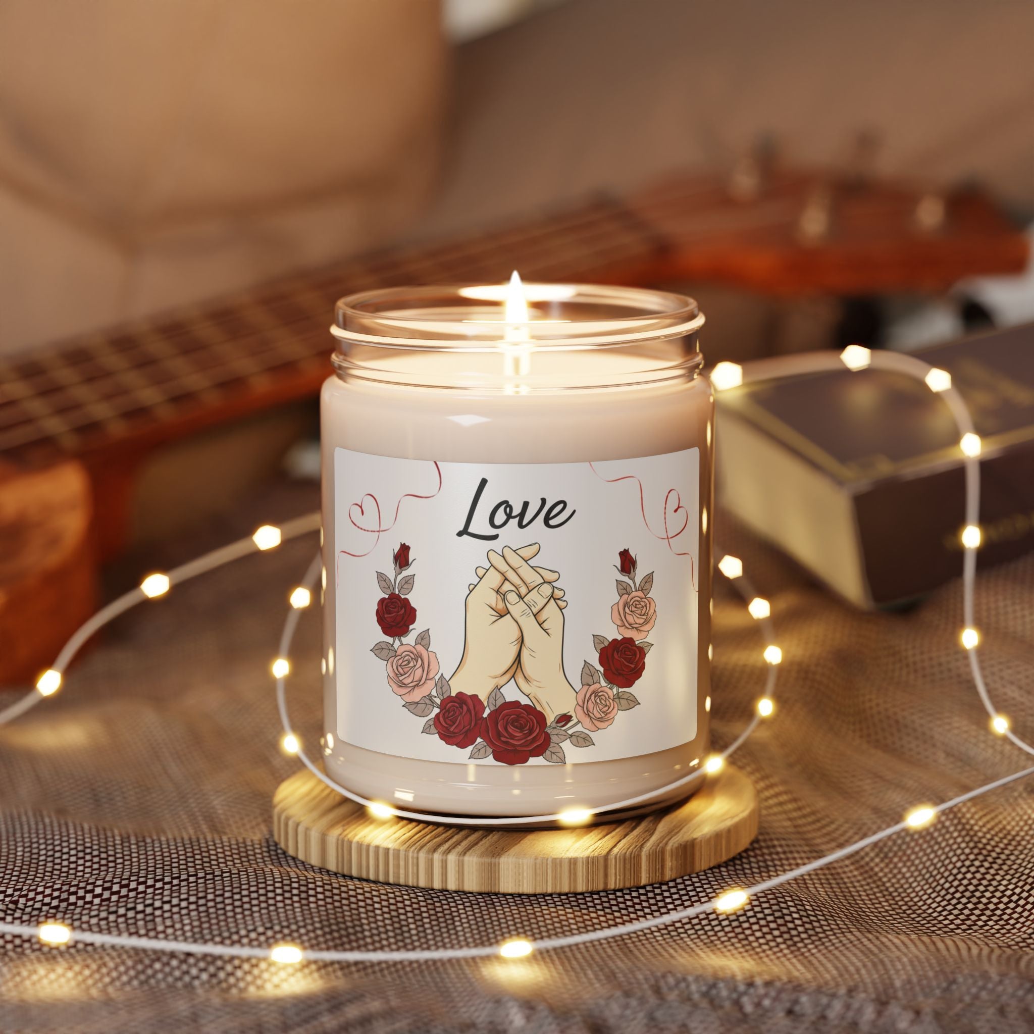 Love Hands Soy Candle — 9oz Scented Jar Candle with Rose Wreath (Romantic Gift)
