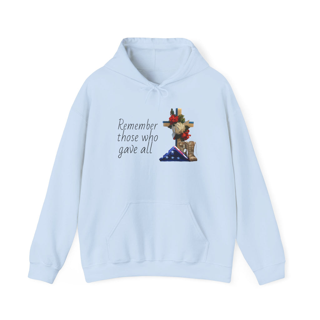 Patriotic Fallen Soldier Hoodie — Folded Flag, Combat Boots & Cross with Red Roses