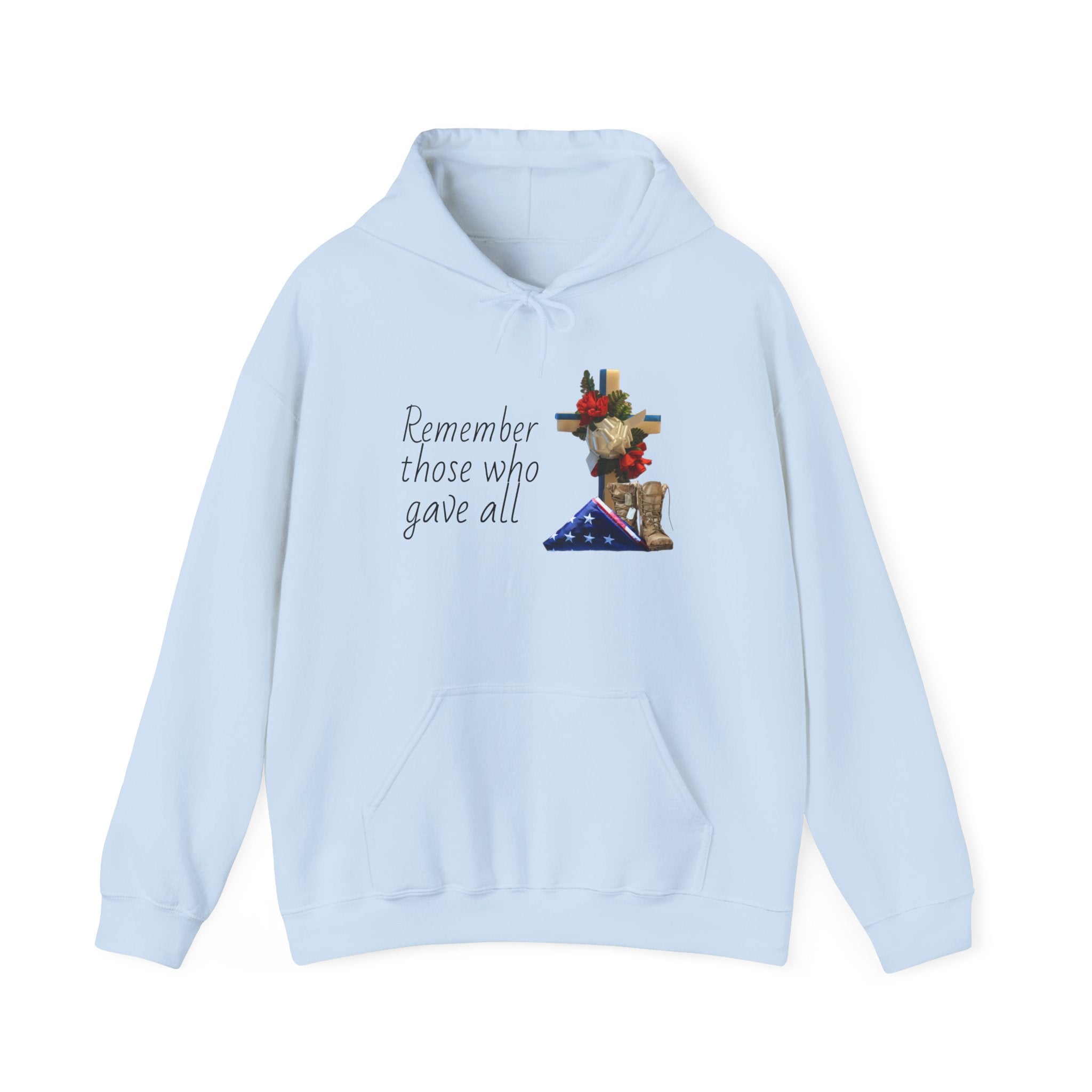 Patriotic Fallen Soldier Hoodie — Folded Flag, Combat Boots & Cross with Red Roses