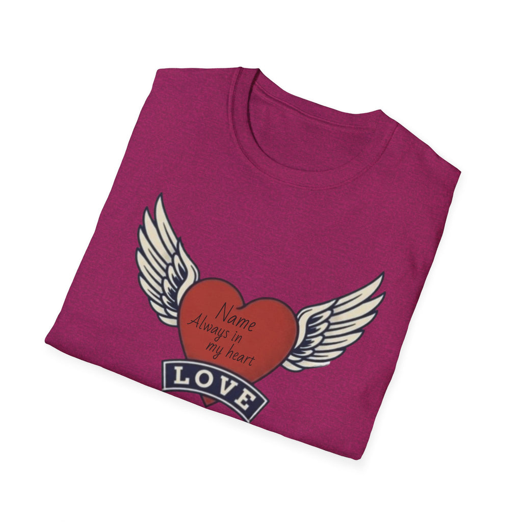 Memorial Heart Wings T-Shirt — Personalized 'Love, Remember' with Name & Date