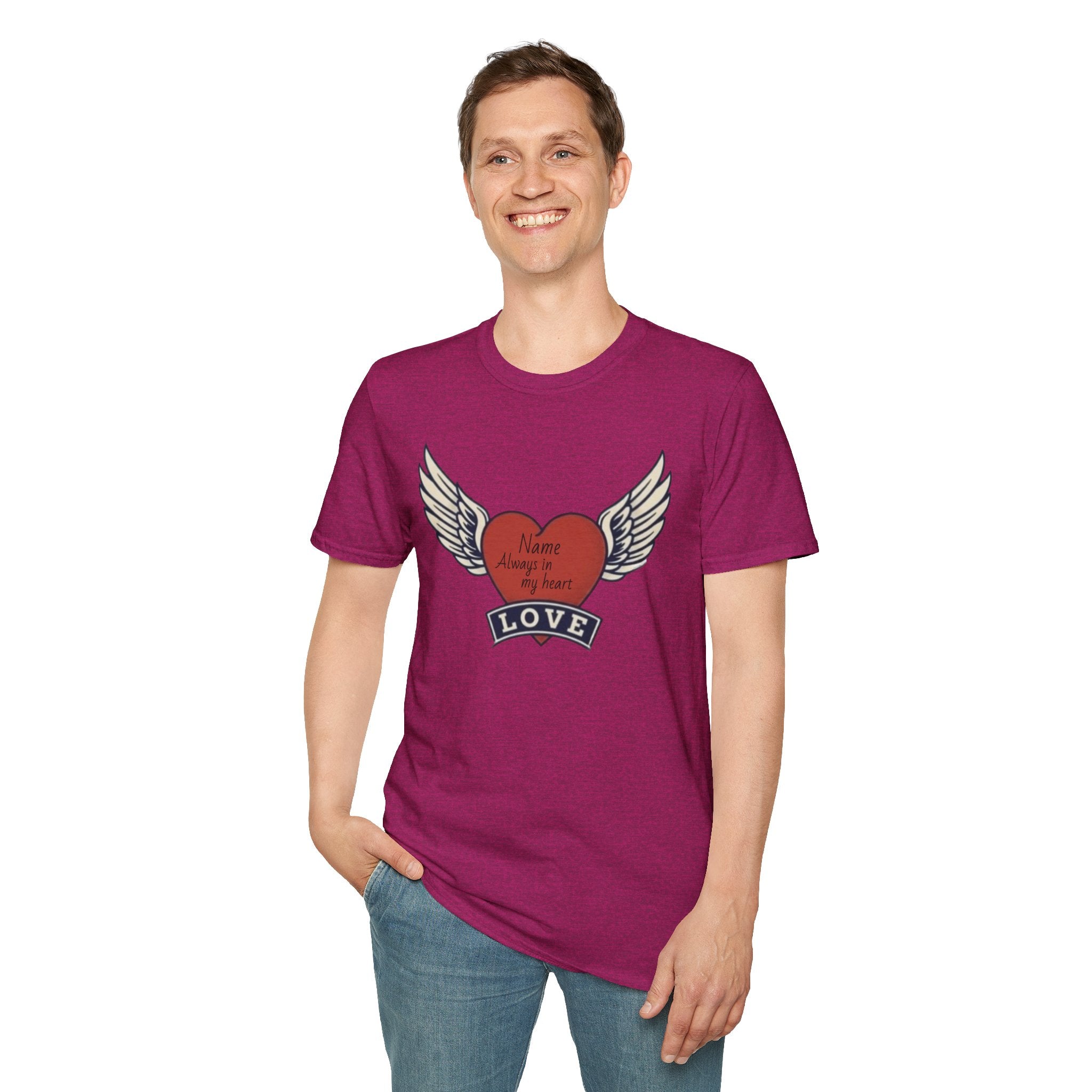 Memorial Heart Wings T-Shirt — Personalized 'Love, Remember' with Name & Date