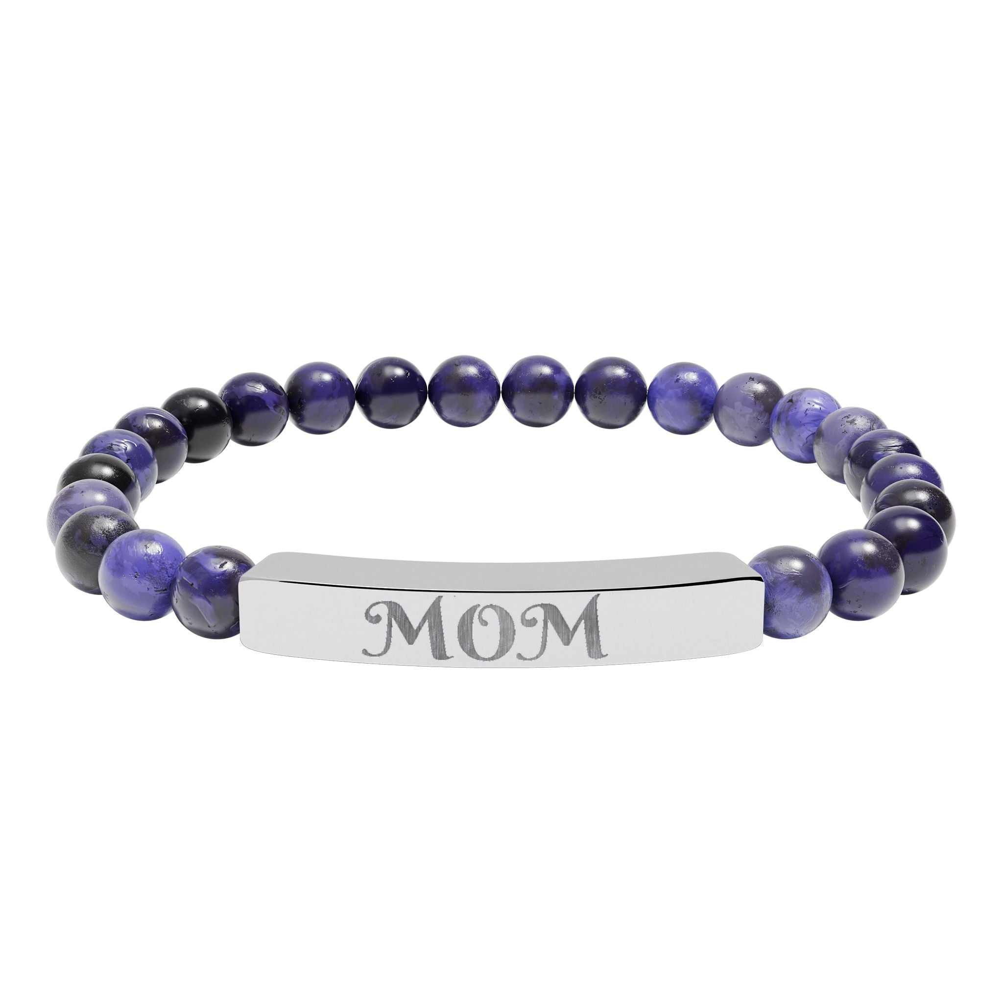 Engraved 'MOM' Natural Stone Stretch Bracelet — Personalized Bar Bead Bracelet