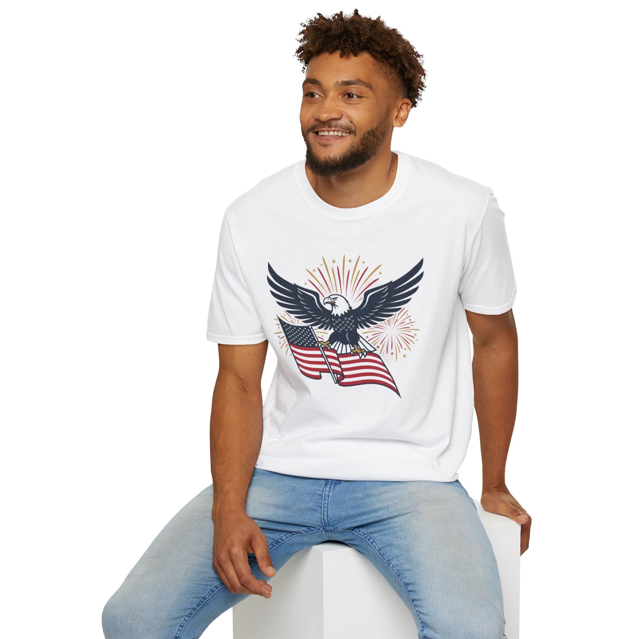 Patriotic Eagle T-Shirt — American Flag & Fireworks Graphic