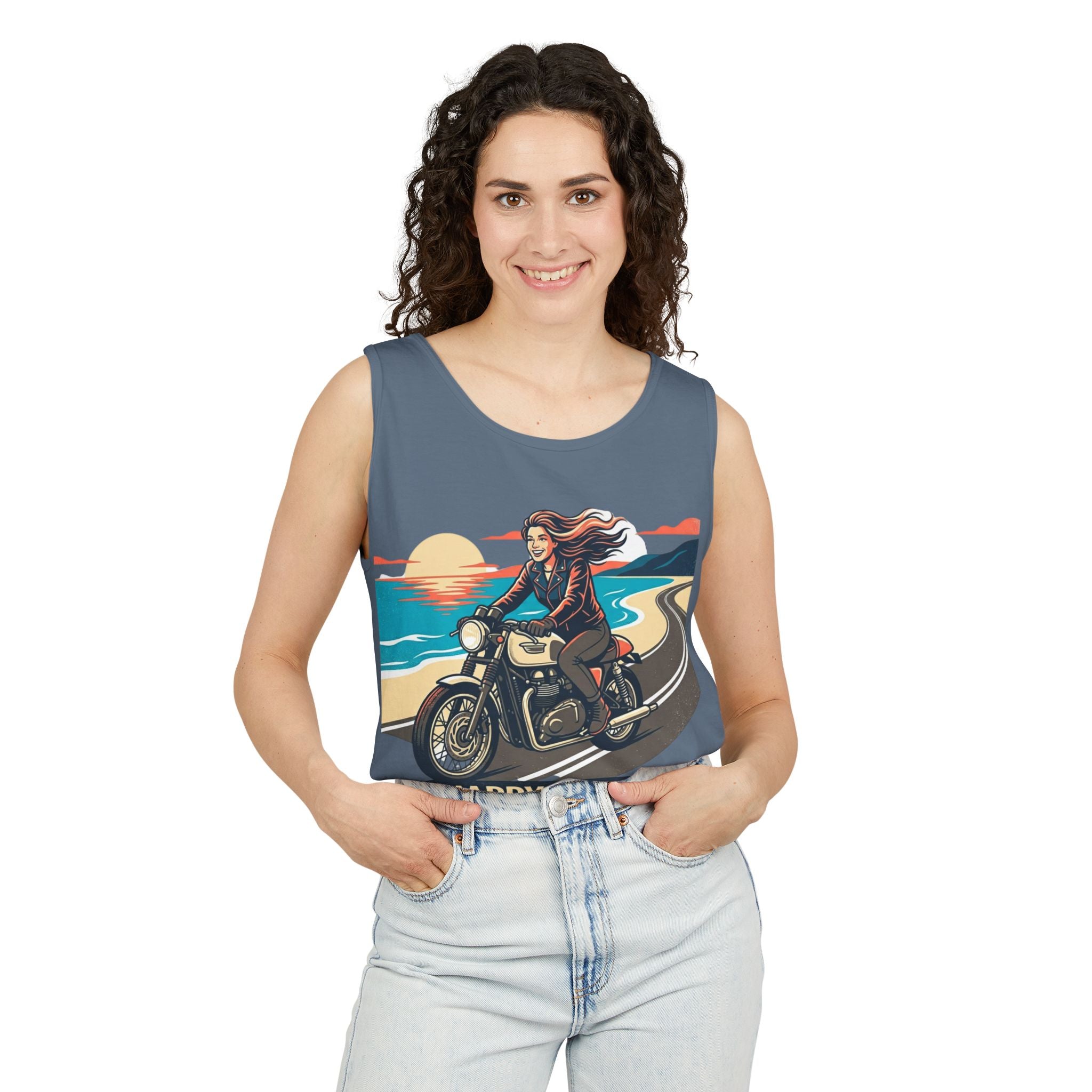 Motorcycle Tank Top — "Happy Place" Beach Ride Graphic Tank