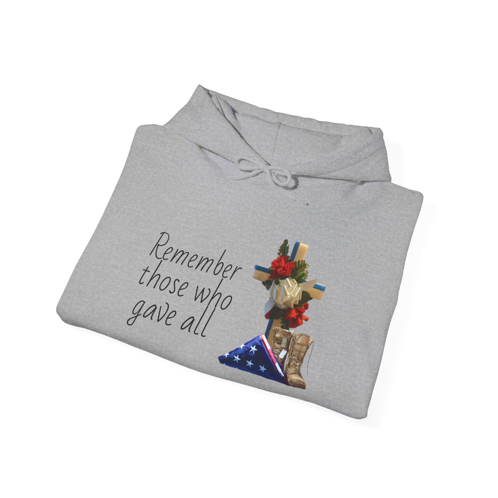 Patriotic Fallen Soldier Hoodie — Folded Flag, Combat Boots & Cross with Red Roses