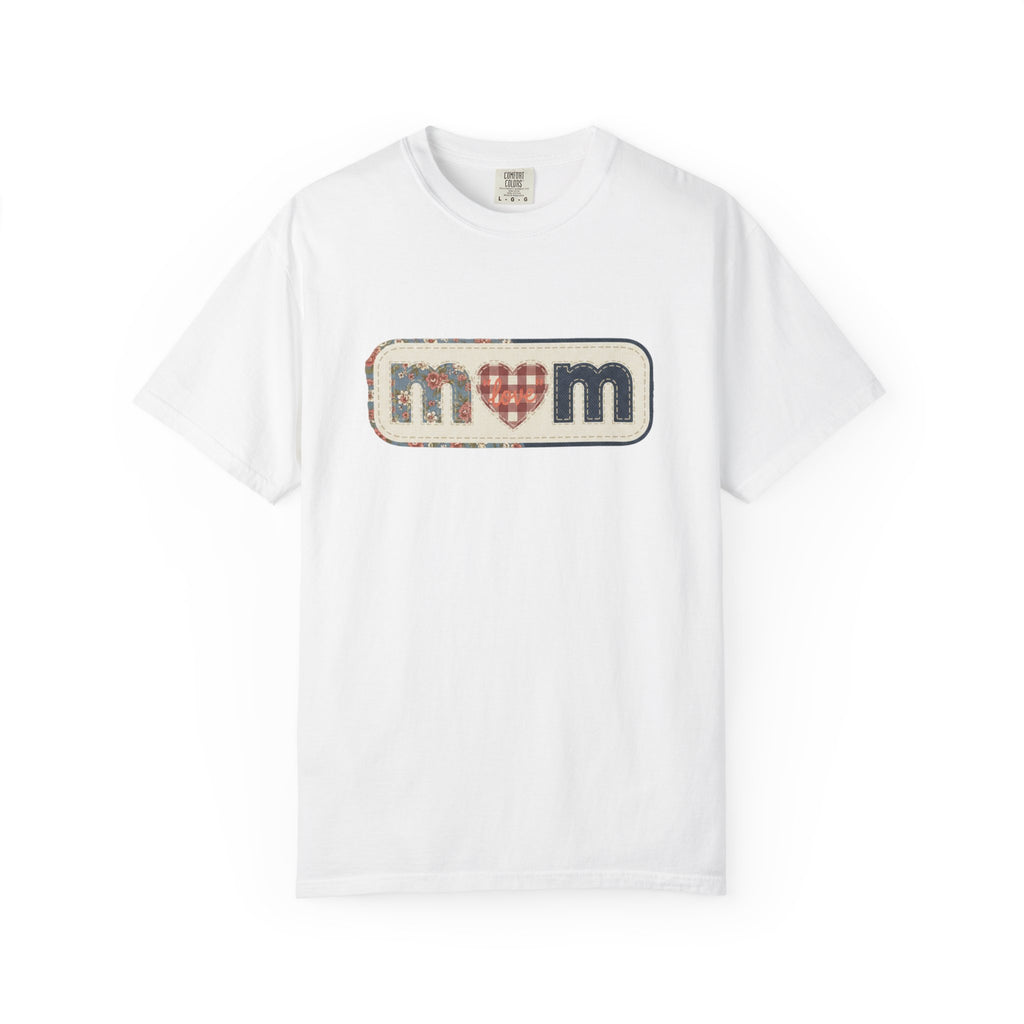 Mom  Faux Patch T-Shirt —Faux Plaid Heart Vintage Mom Tee