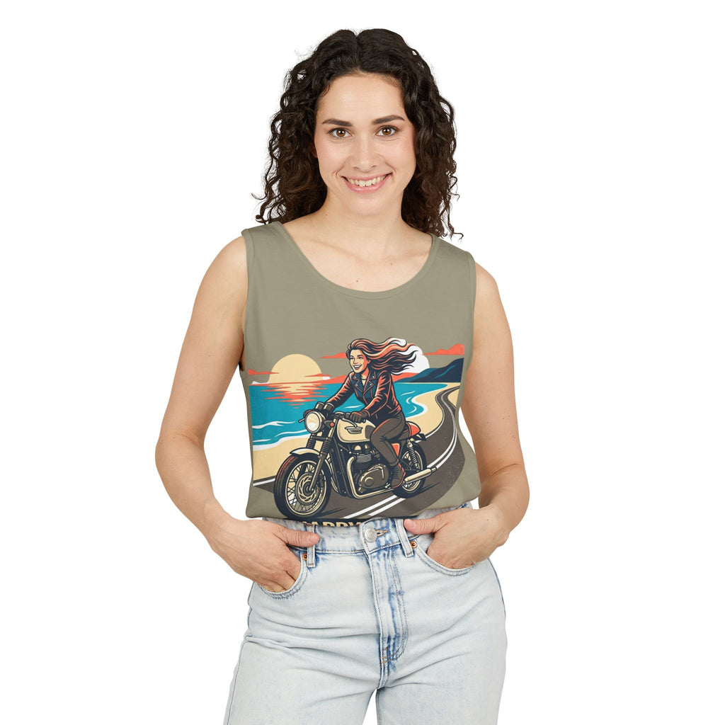 Motorcycle Tank Top — "Happy Place" Beach Ride Graphic Tank