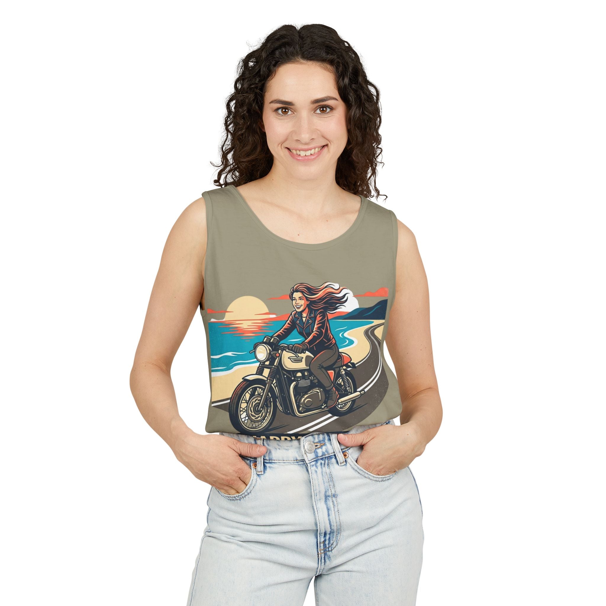Motorcycle Tank Top — "Happy Place" Beach Ride Graphic Tank