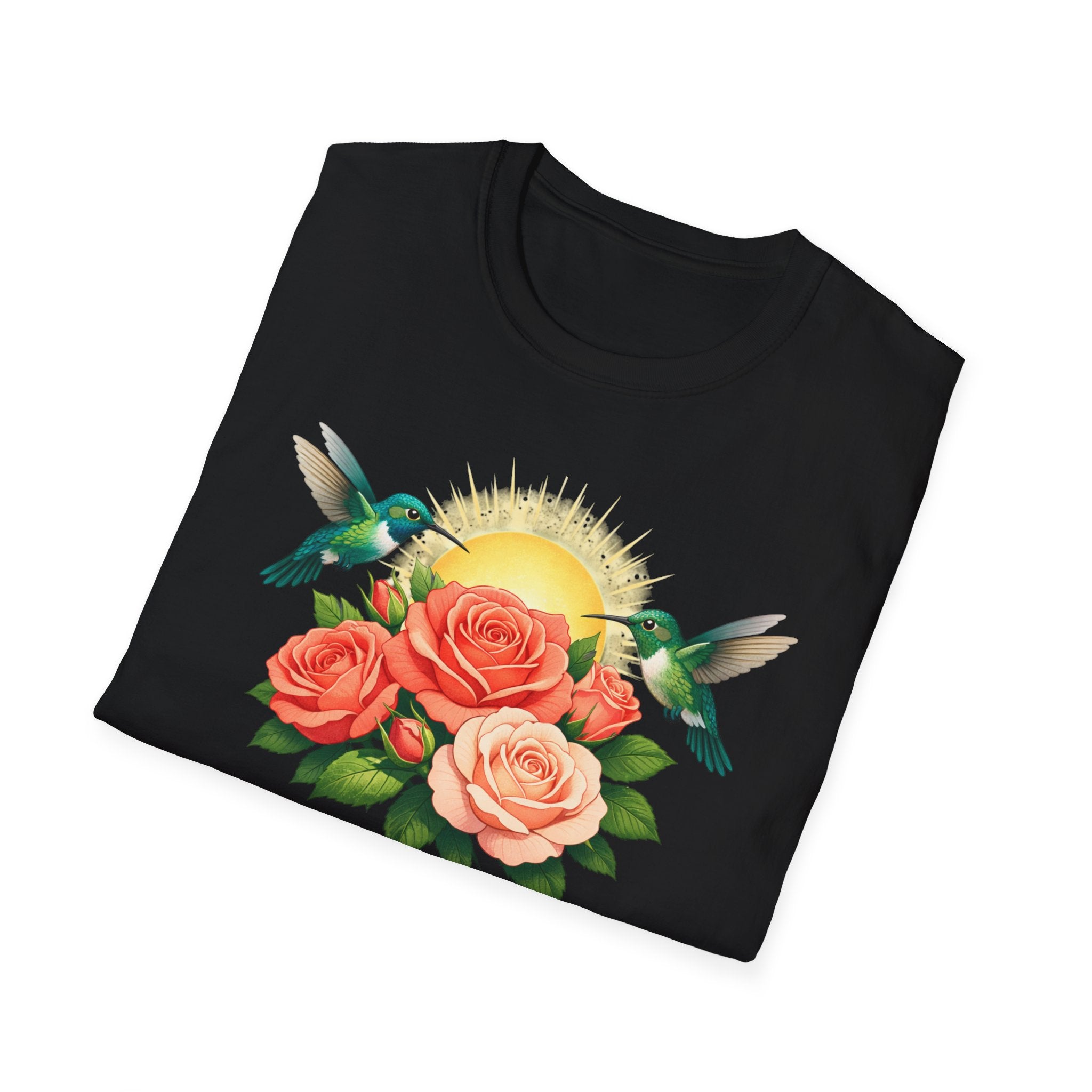 Floral Sunrise T-Shirt — Hummingbirds & Roses Graphic Tee