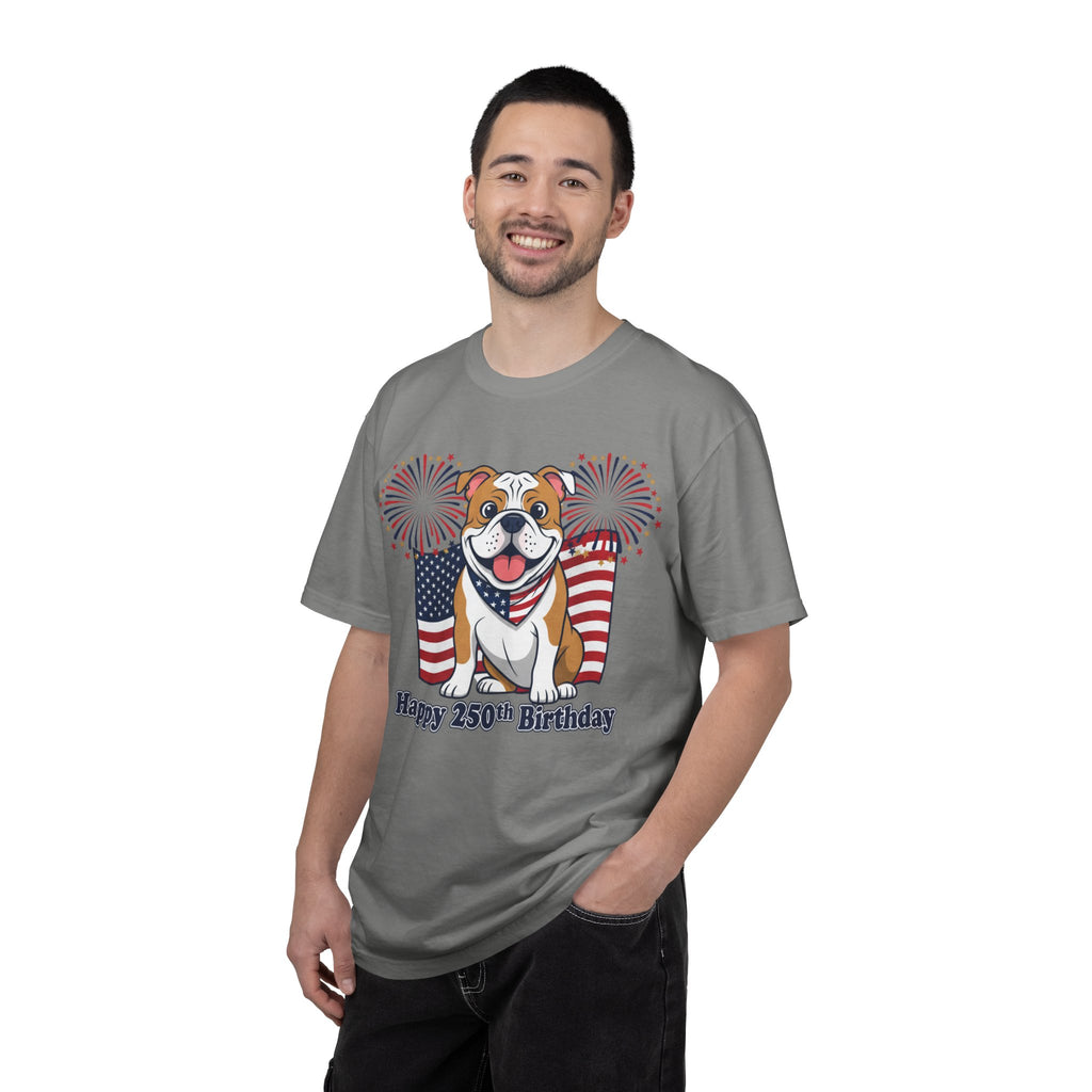 Patriotic Bulldog T-Shirt — “Happy 250th Birthday” American Flag Fireworks Tee